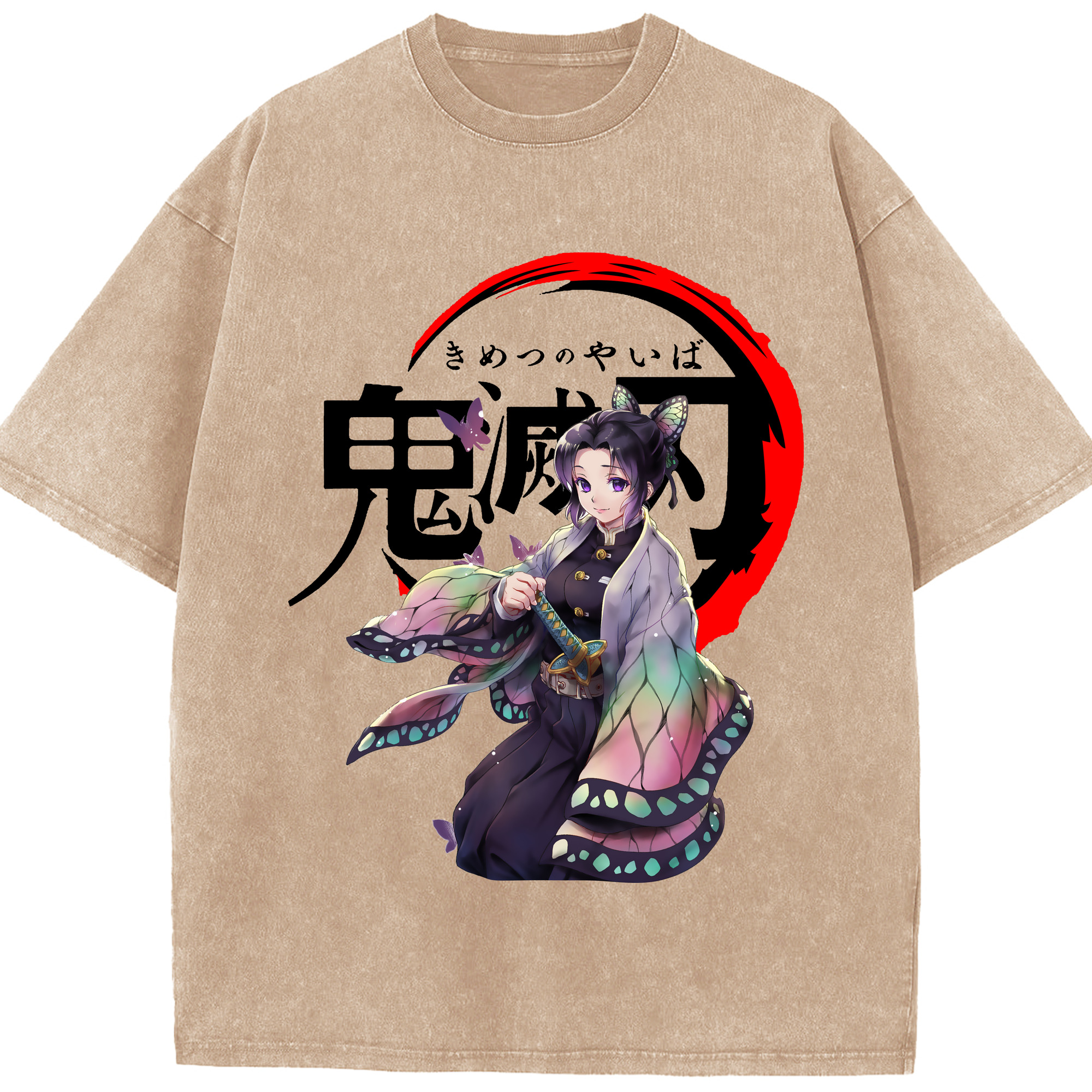 （画像用） 鬼滅の刃（きめつのやいば）蟲柱-胡蝶 しのぶ／こちょう しのぶ Kochou Shinobu 綿100% ヴィンテージ風 半袖Tシャツ（フロントプリント）