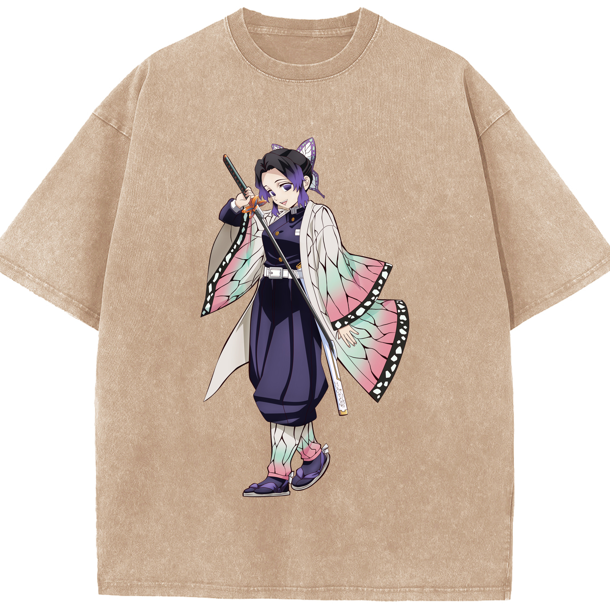 （画像用） 鬼滅の刃（きめつのやいば）蟲柱-胡蝶 しのぶ／こちょう しのぶ Kochou Shinobu 綿100% ヴィンテージ風 半袖Tシャツ（フロントプリント）