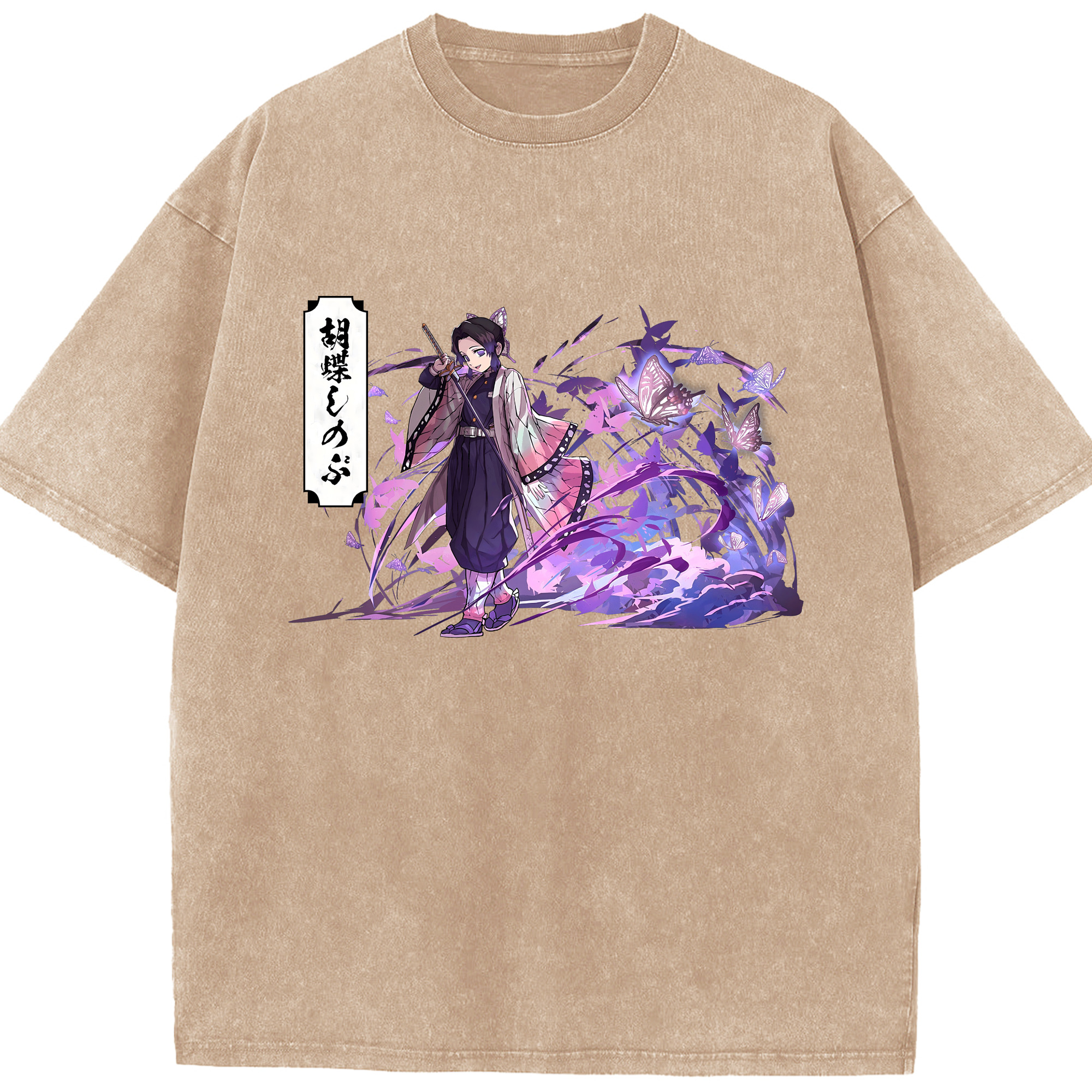 （画像用） 鬼滅の刃（きめつのやいば）蟲柱-胡蝶 しのぶ／こちょう しのぶ Kochou Shinobu 綿100% ヴィンテージ風 半袖Tシャツ（フロントプリント）