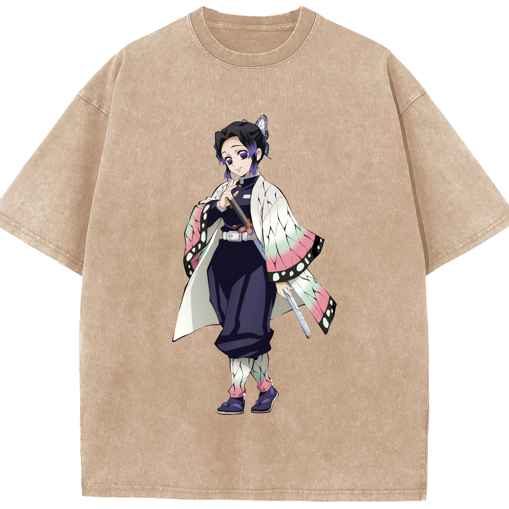 （画像用） 鬼滅の刃（きめつのやいば）蟲柱-胡蝶 しのぶ／こちょう しのぶ Kochou Shinobu 綿100% ヴィンテージ風 半袖Tシャツ（フロントプリント）