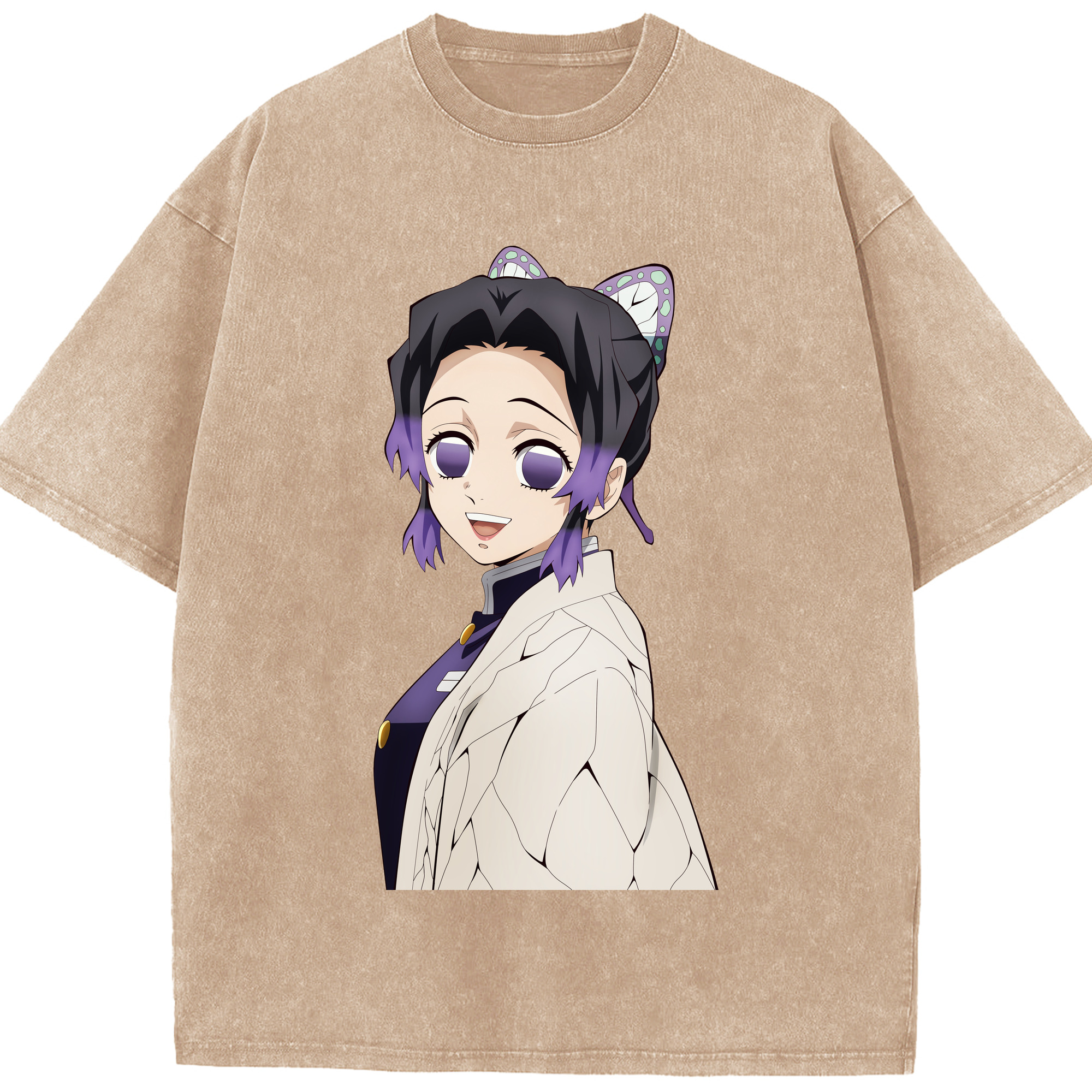（画像用） 鬼滅の刃（きめつのやいば）蟲柱-胡蝶 しのぶ／こちょう しのぶ Kochou Shinobu 綿100% ヴィンテージ風 半袖Tシャツ（フロントプリント）