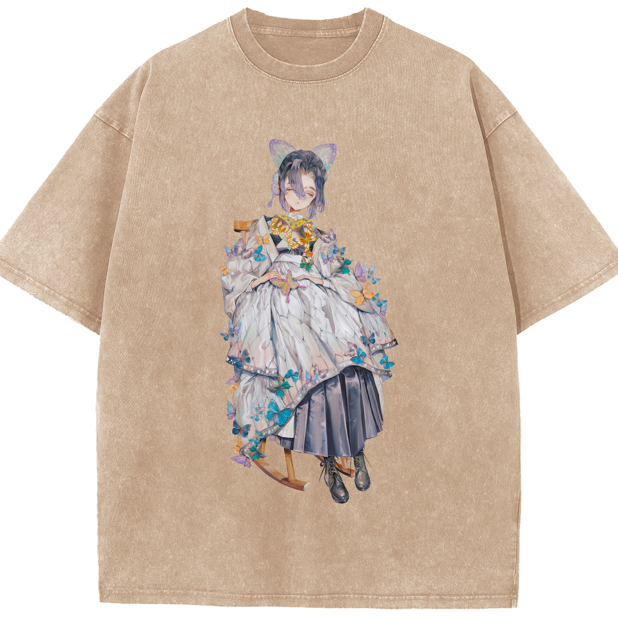 （画像用） 鬼滅の刃（きめつのやいば）蟲柱-胡蝶 しのぶ／こちょう しのぶ Kochou Shinobu 綿100% ヴィンテージ風 半袖Tシャツ（フロントプリント）