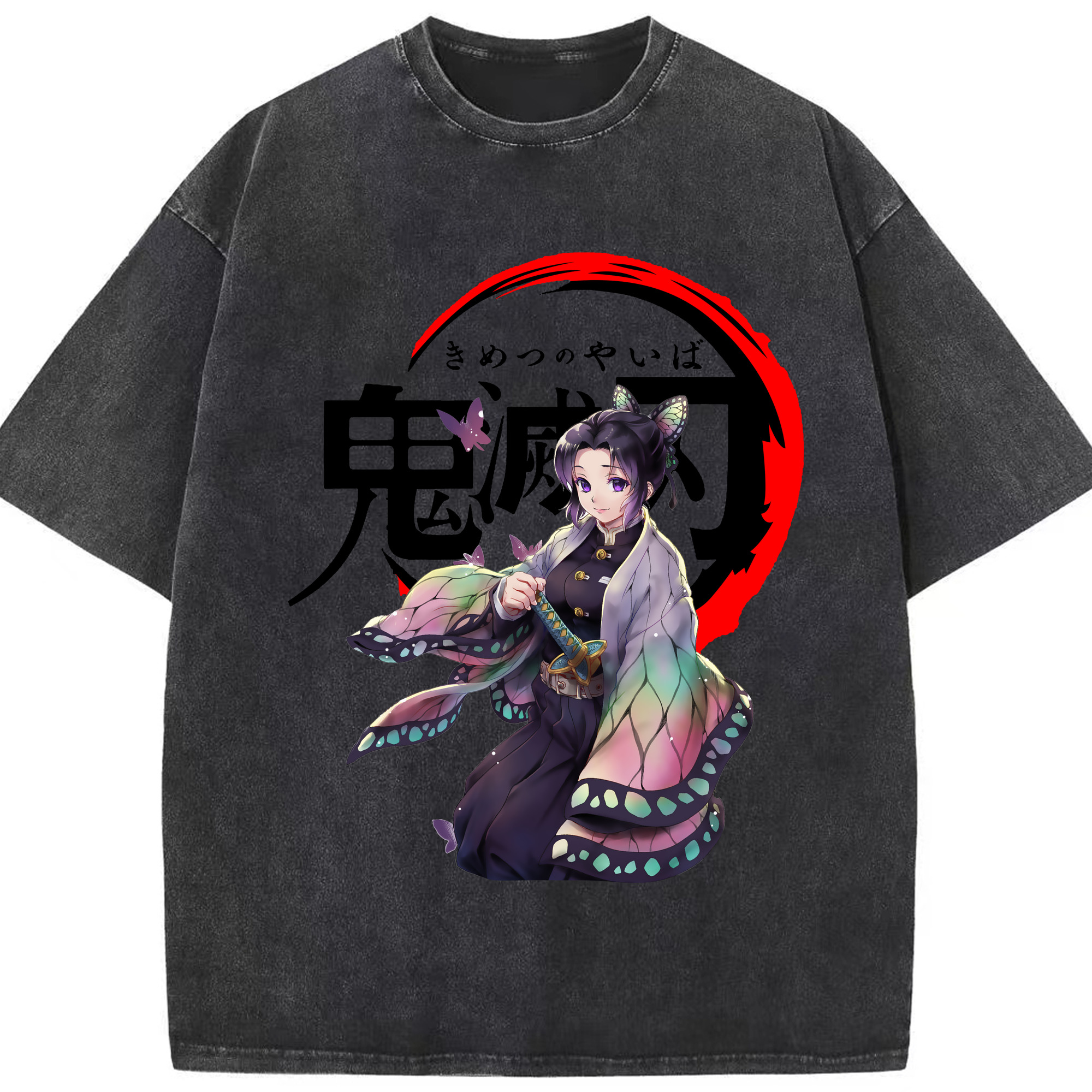 （画像用） 鬼滅の刃（きめつのやいば）蟲柱-胡蝶 しのぶ／こちょう しのぶ Kochou Shinobu 綿100% ヴィンテージ風 半袖Tシャツ（フロントプリント）
