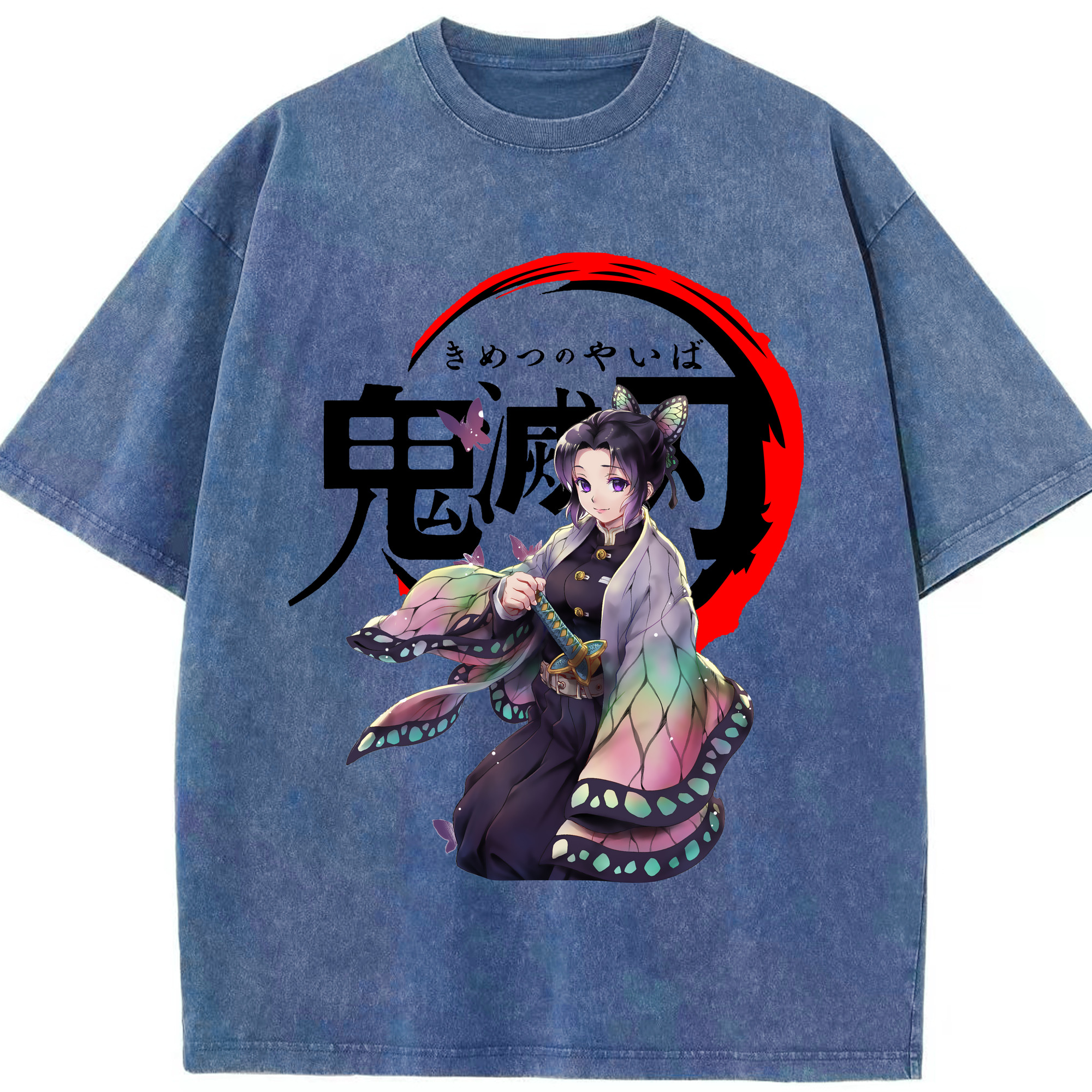 （画像用） 鬼滅の刃（きめつのやいば）蟲柱-胡蝶 しのぶ／こちょう しのぶ Kochou Shinobu 綿100% ヴィンテージ風 半袖Tシャツ（フロントプリント）