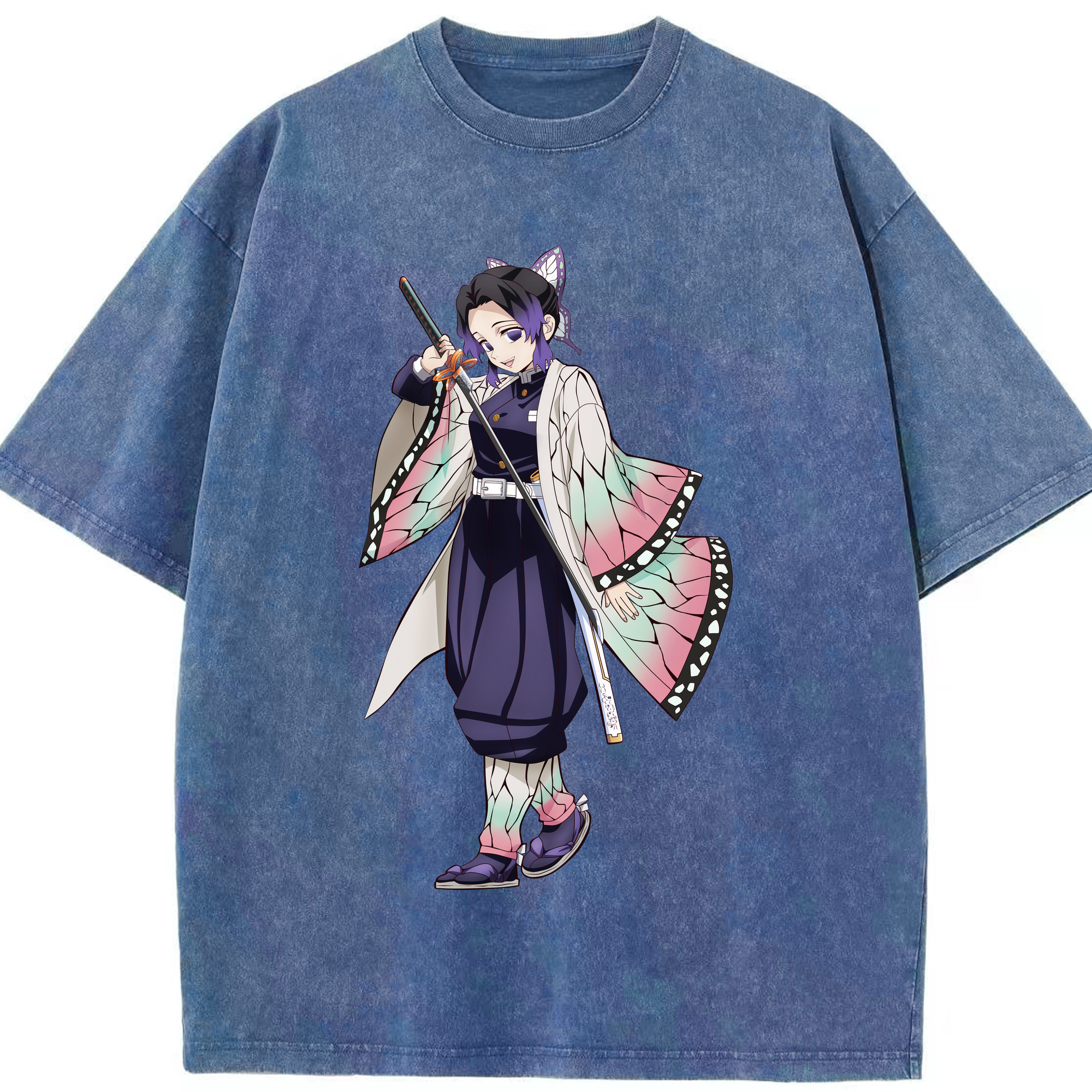 （画像用） 鬼滅の刃（きめつのやいば）蟲柱-胡蝶 しのぶ／こちょう しのぶ Kochou Shinobu 綿100% ヴィンテージ風 半袖Tシャツ（フロントプリント）