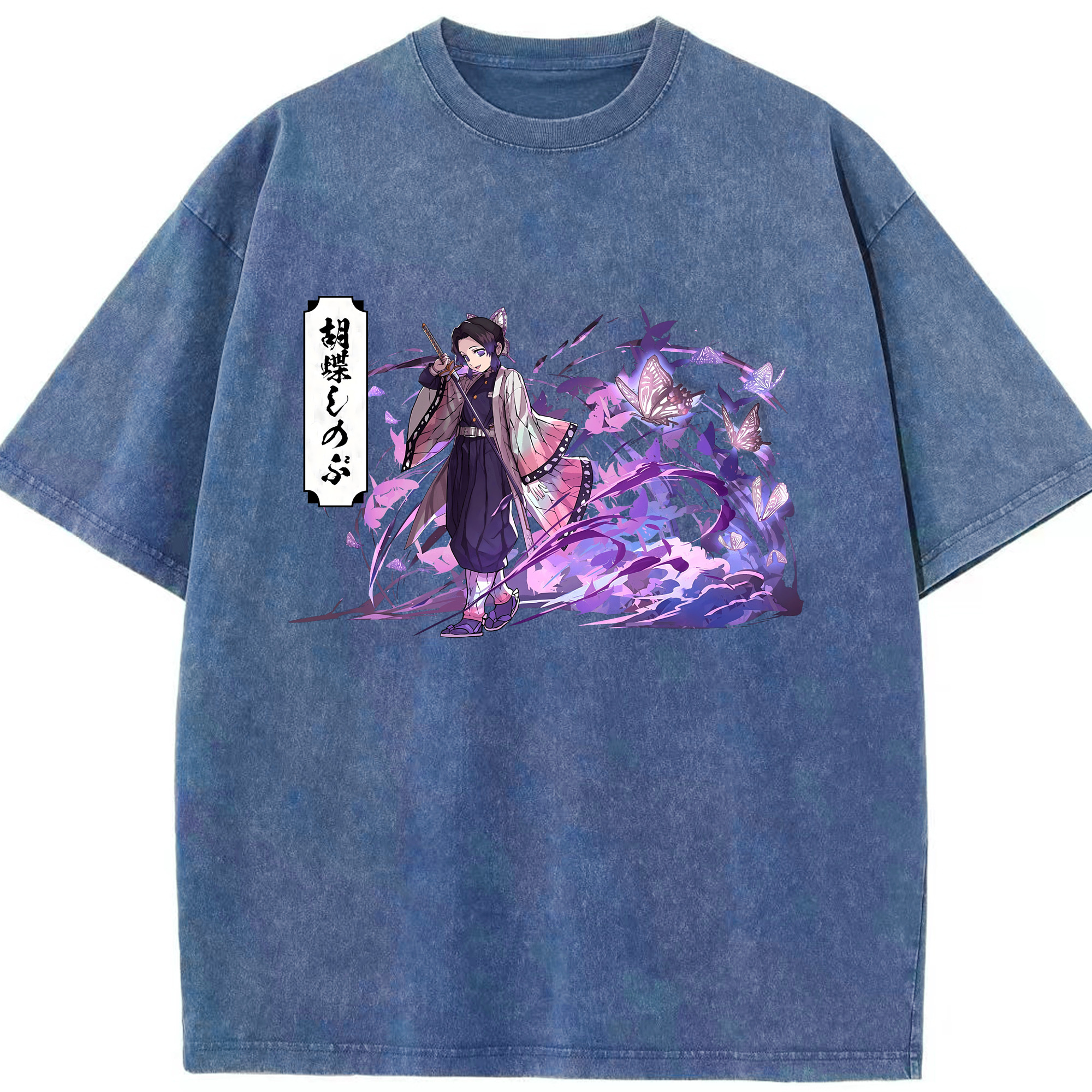 （画像用） 鬼滅の刃（きめつのやいば）蟲柱-胡蝶 しのぶ／こちょう しのぶ Kochou Shinobu 綿100% ヴィンテージ風 半袖Tシャツ（フロントプリント）
