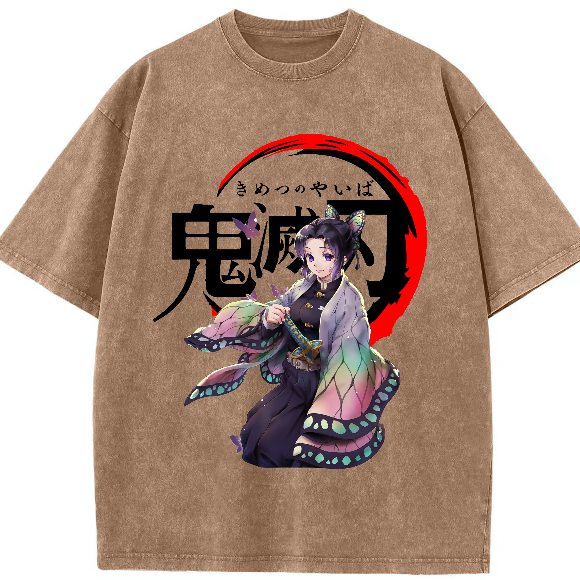 （画像用） 鬼滅の刃（きめつのやいば）蟲柱-胡蝶 しのぶ／こちょう しのぶ Kochou Shinobu 綿100% ヴィンテージ風 半袖Tシャツ（フロントプリント）