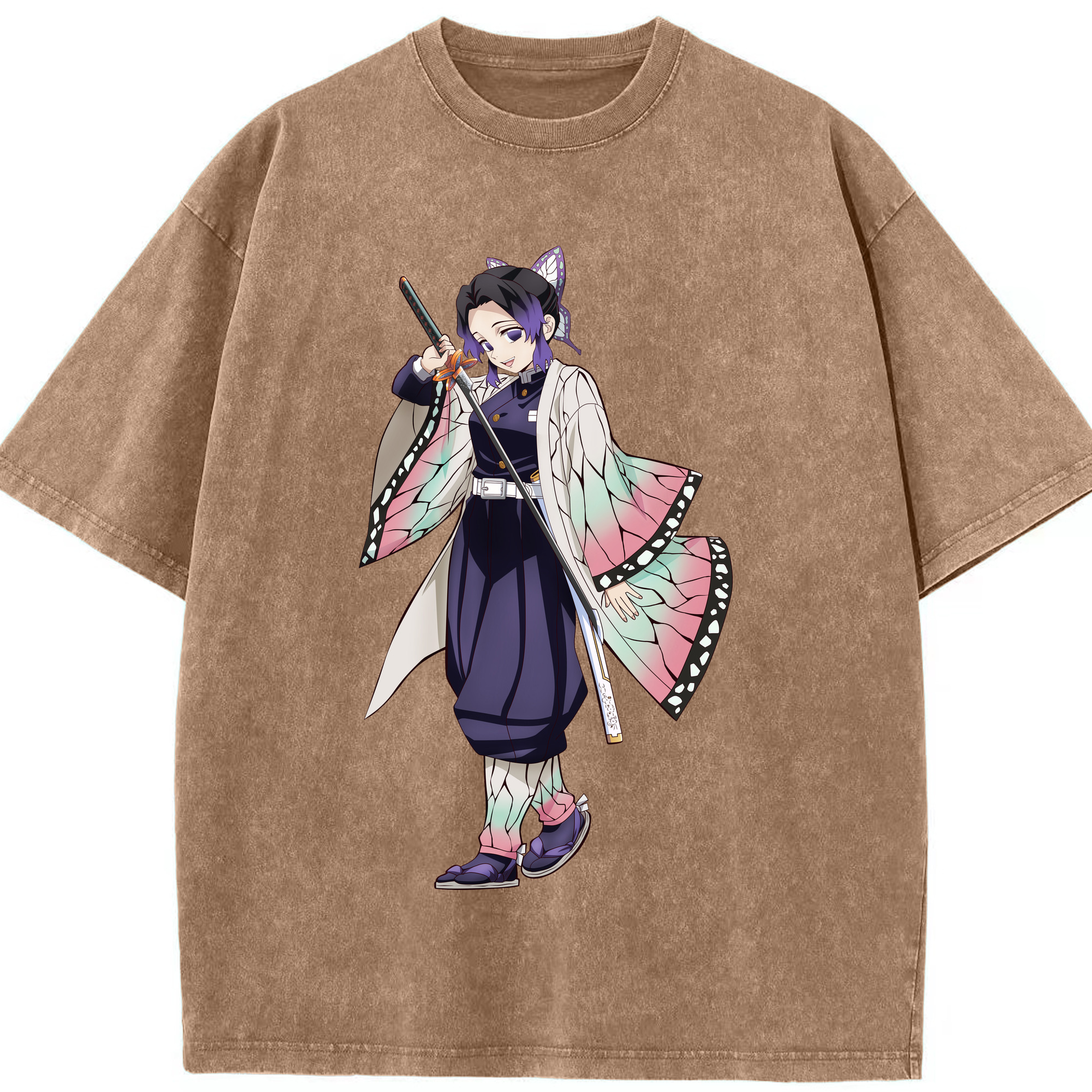 （画像用） 鬼滅の刃（きめつのやいば）蟲柱-胡蝶 しのぶ／こちょう しのぶ Kochou Shinobu 綿100% ヴィンテージ風 半袖Tシャツ（フロントプリント）