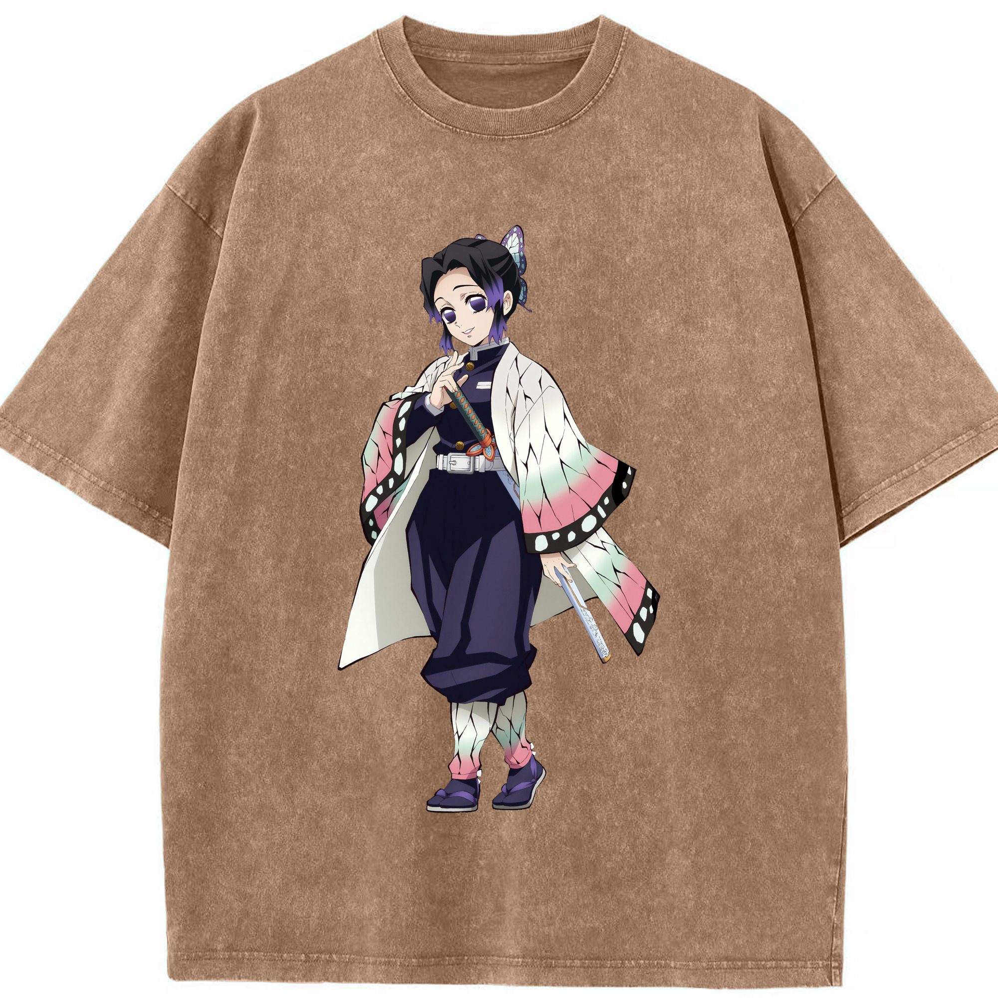 （画像用） 鬼滅の刃（きめつのやいば）蟲柱-胡蝶 しのぶ／こちょう しのぶ Kochou Shinobu 綿100% ヴィンテージ風 半袖Tシャツ（フロントプリント）