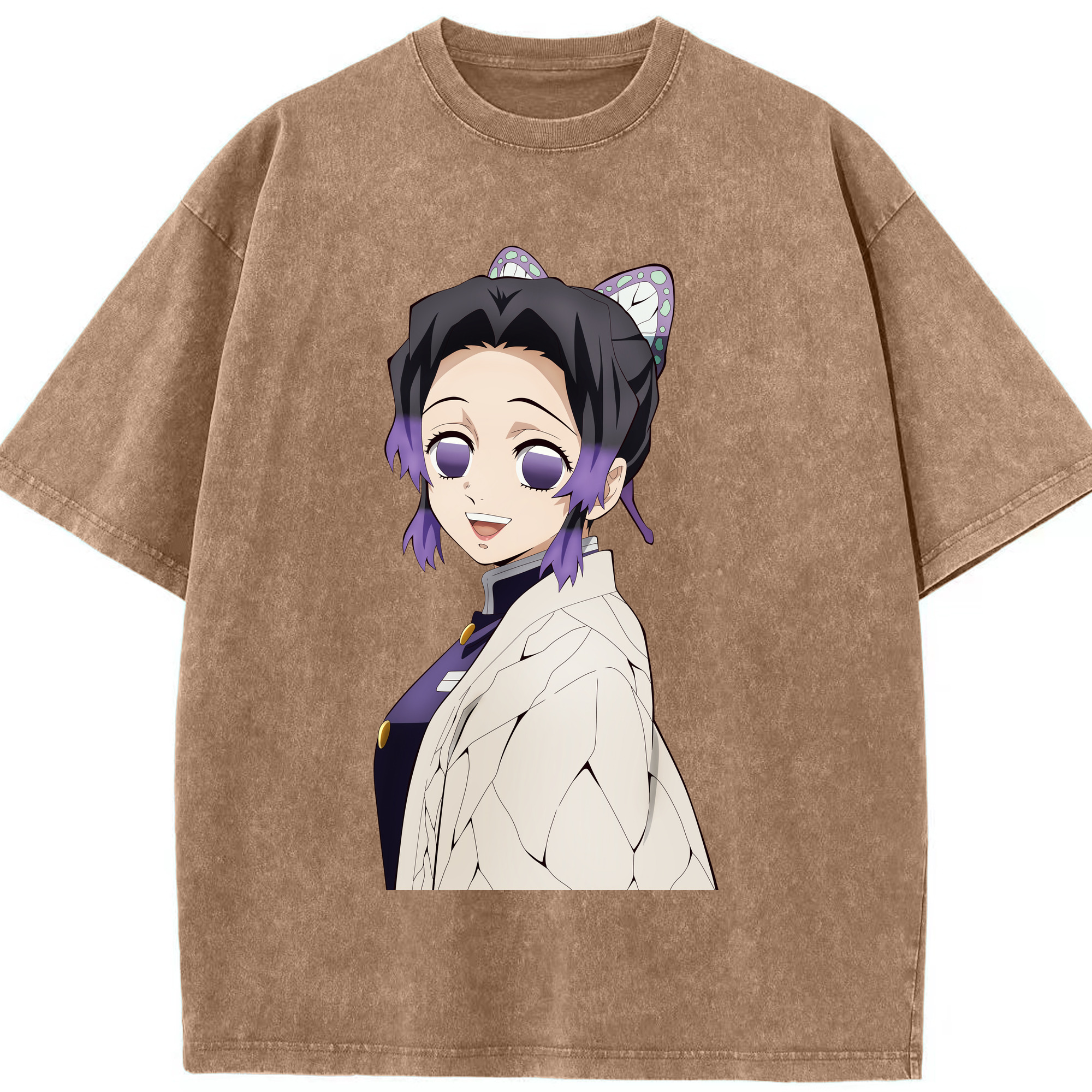 （画像用） 鬼滅の刃（きめつのやいば）蟲柱-胡蝶 しのぶ／こちょう しのぶ Kochou Shinobu 綿100% ヴィンテージ風 半袖Tシャツ（フロントプリント）