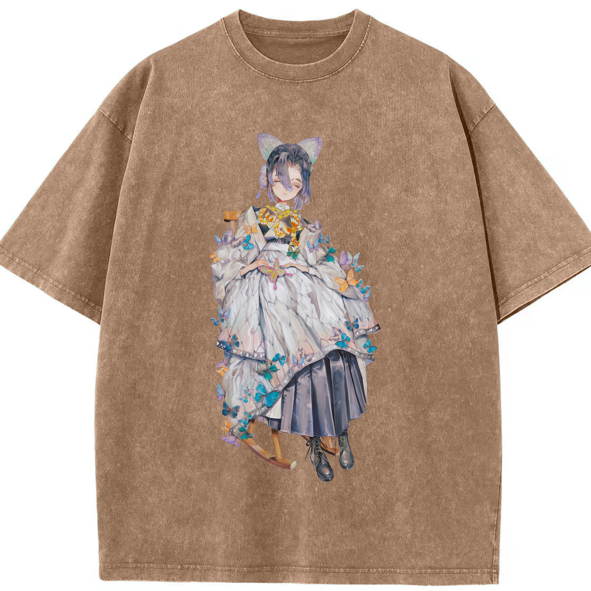 （画像用） 鬼滅の刃（きめつのやいば）蟲柱-胡蝶 しのぶ／こちょう しのぶ Kochou Shinobu 綿100% ヴィンテージ風 半袖Tシャツ（フロントプリント）