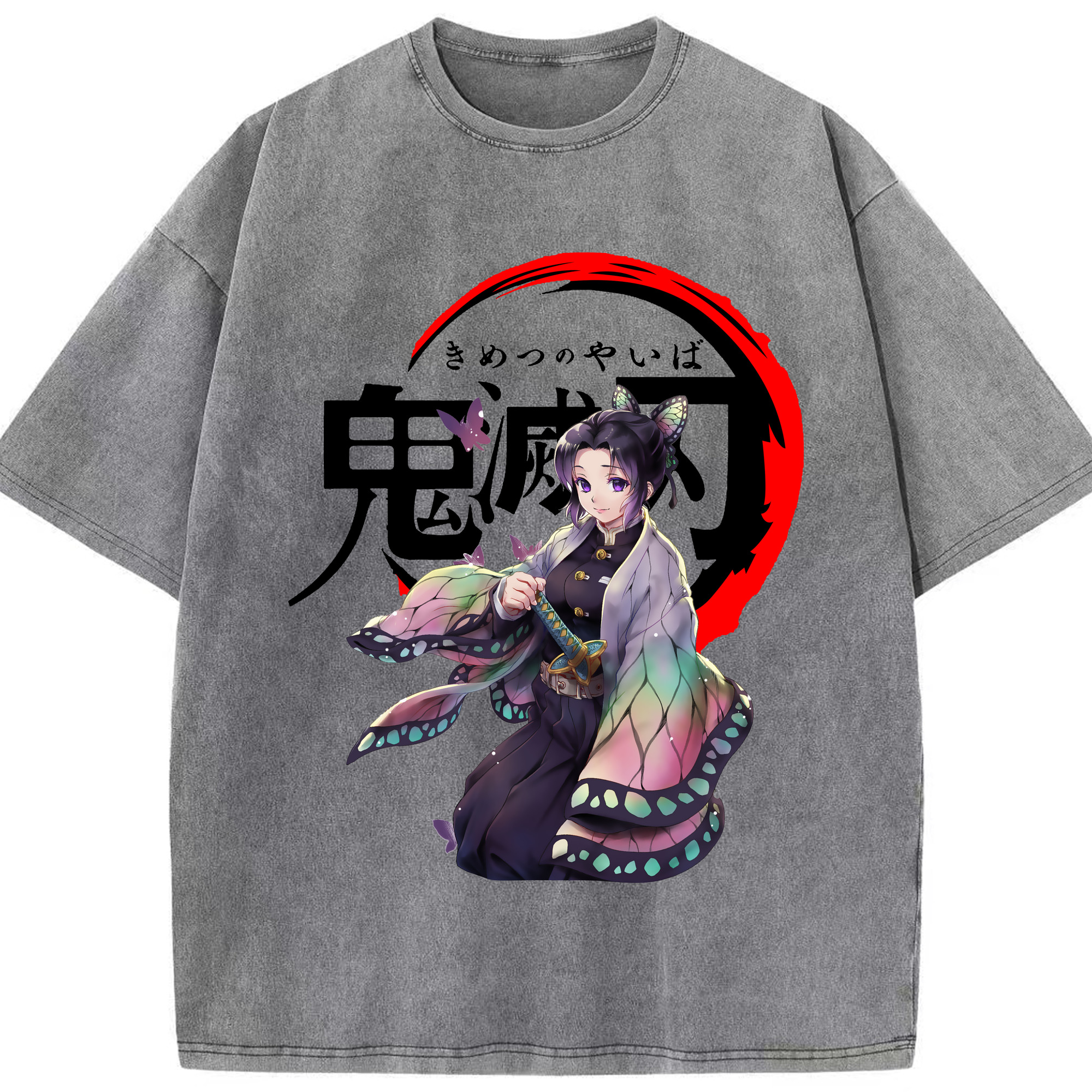 （画像用） 鬼滅の刃（きめつのやいば）蟲柱-胡蝶 しのぶ／こちょう しのぶ Kochou Shinobu 綿100% ヴィンテージ風 半袖Tシャツ（フロントプリント）