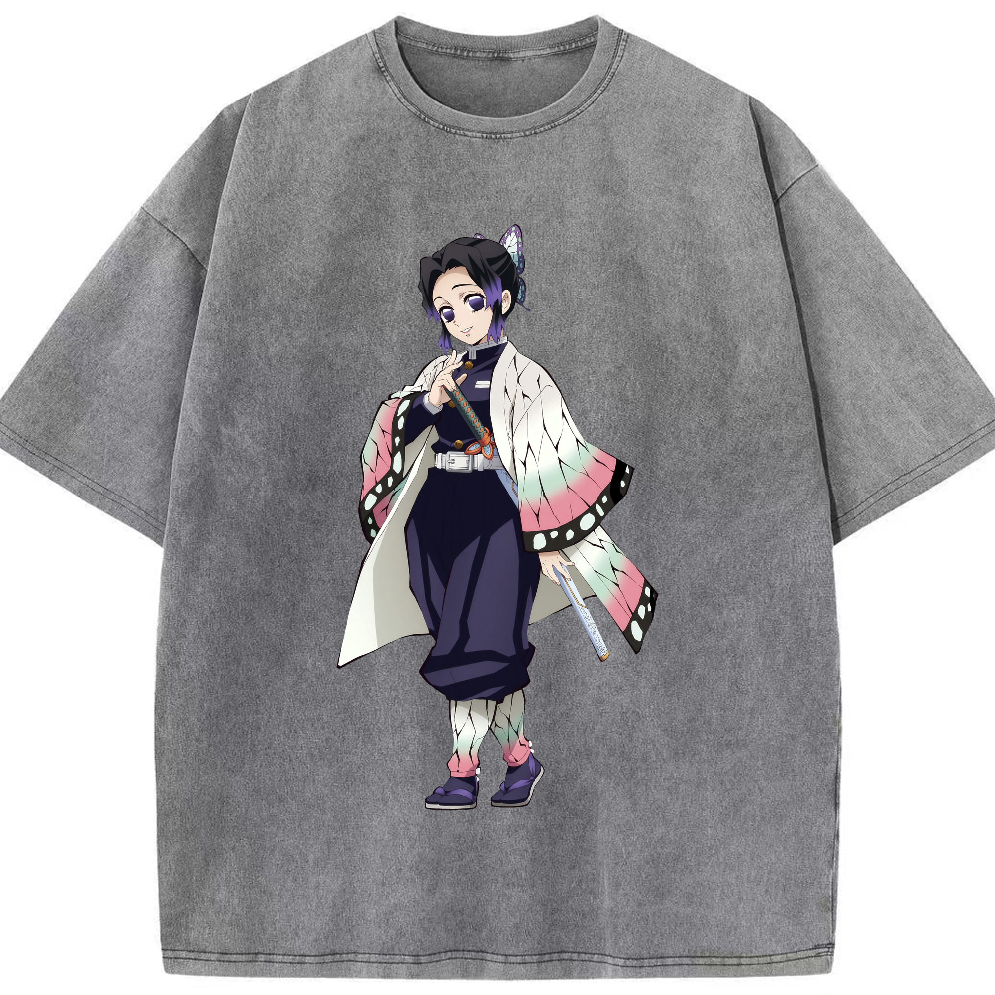 （画像用） 鬼滅の刃（きめつのやいば）蟲柱-胡蝶 しのぶ／こちょう しのぶ Kochou Shinobu 綿100% ヴィンテージ風 半袖Tシャツ（フロントプリント）