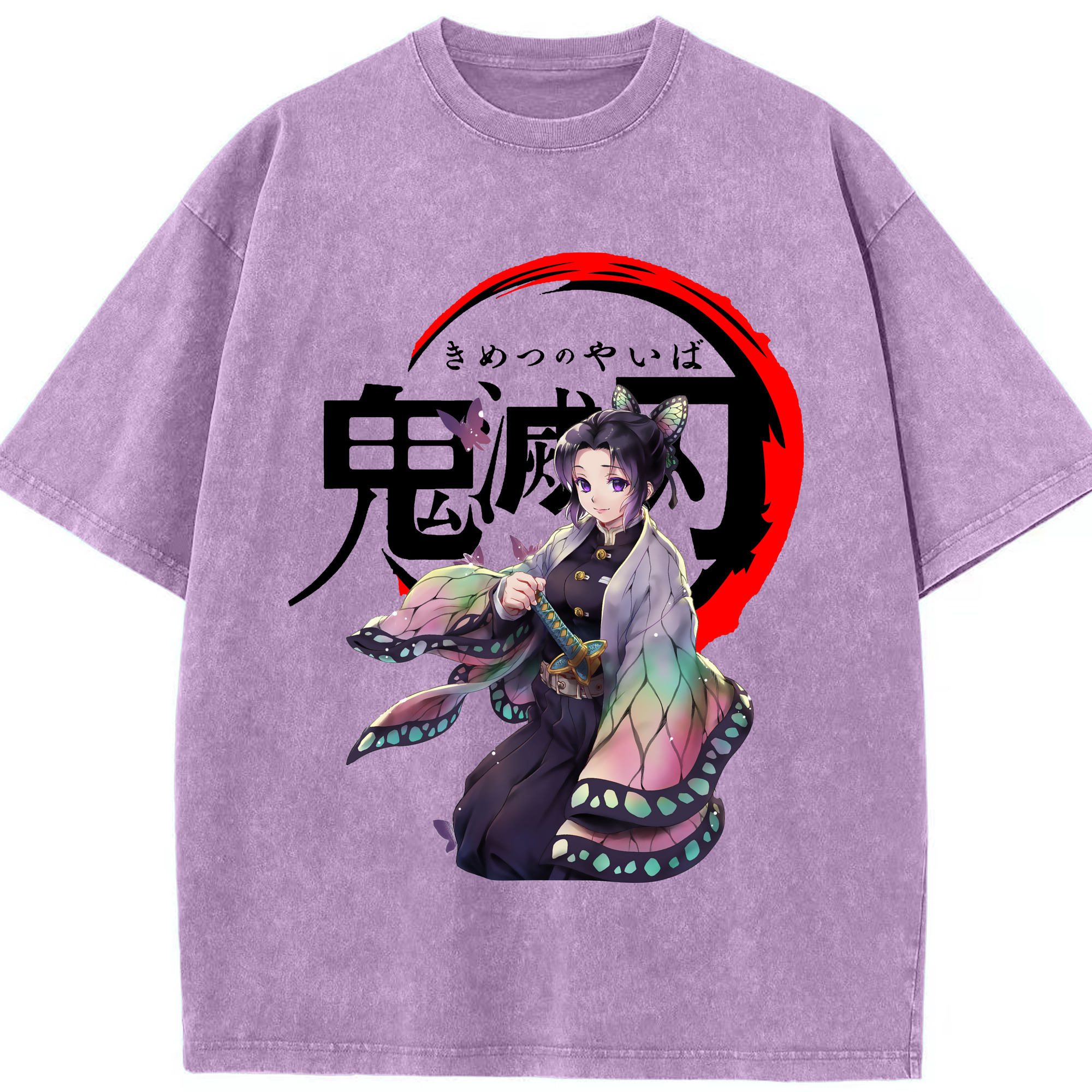 （画像用） 鬼滅の刃（きめつのやいば）蟲柱-胡蝶 しのぶ／こちょう しのぶ Kochou Shinobu 綿100% ヴィンテージ風 半袖Tシャツ（フロントプリント）