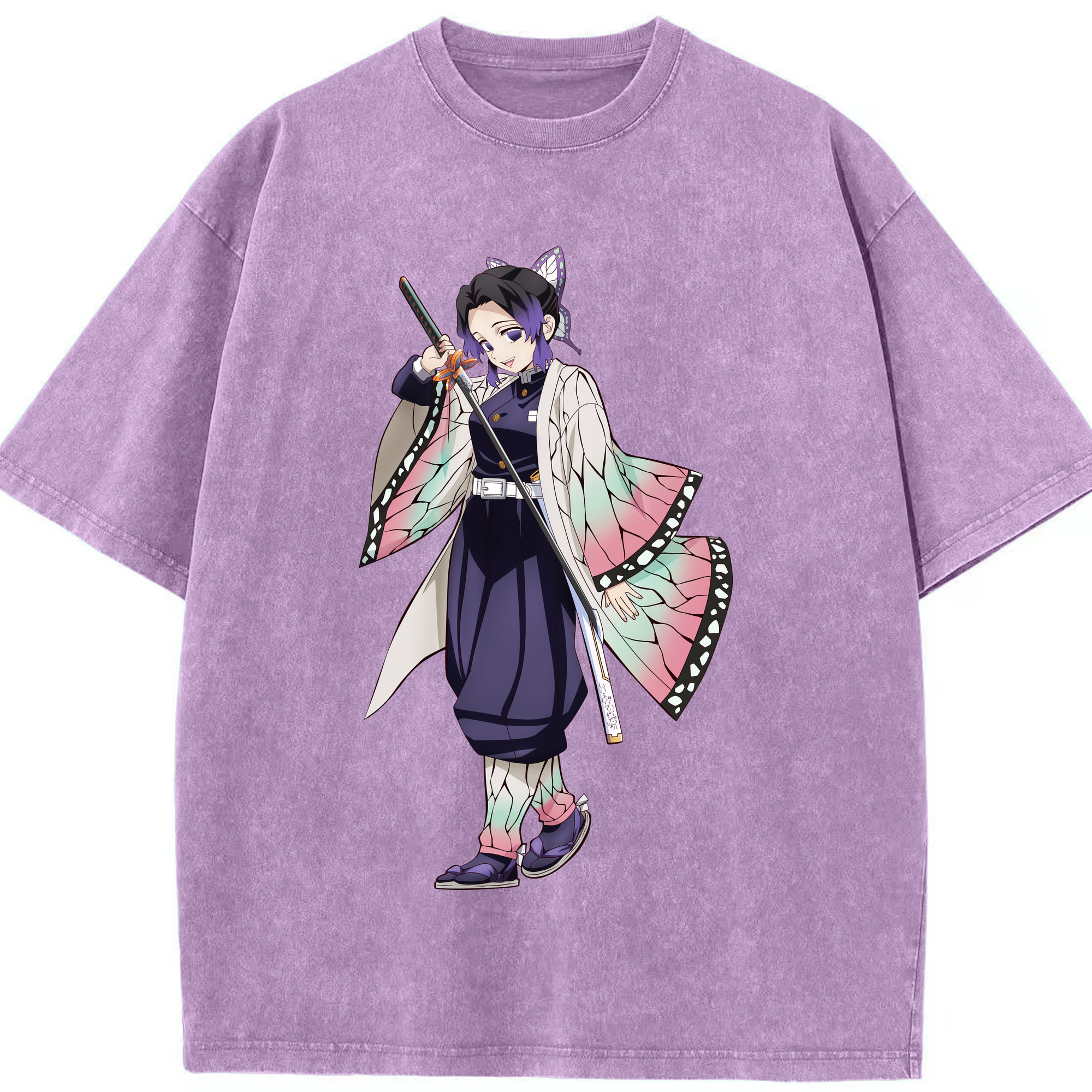 （画像用） 鬼滅の刃（きめつのやいば）蟲柱-胡蝶 しのぶ／こちょう しのぶ Kochou Shinobu 綿100% ヴィンテージ風 半袖Tシャツ（フロントプリント）