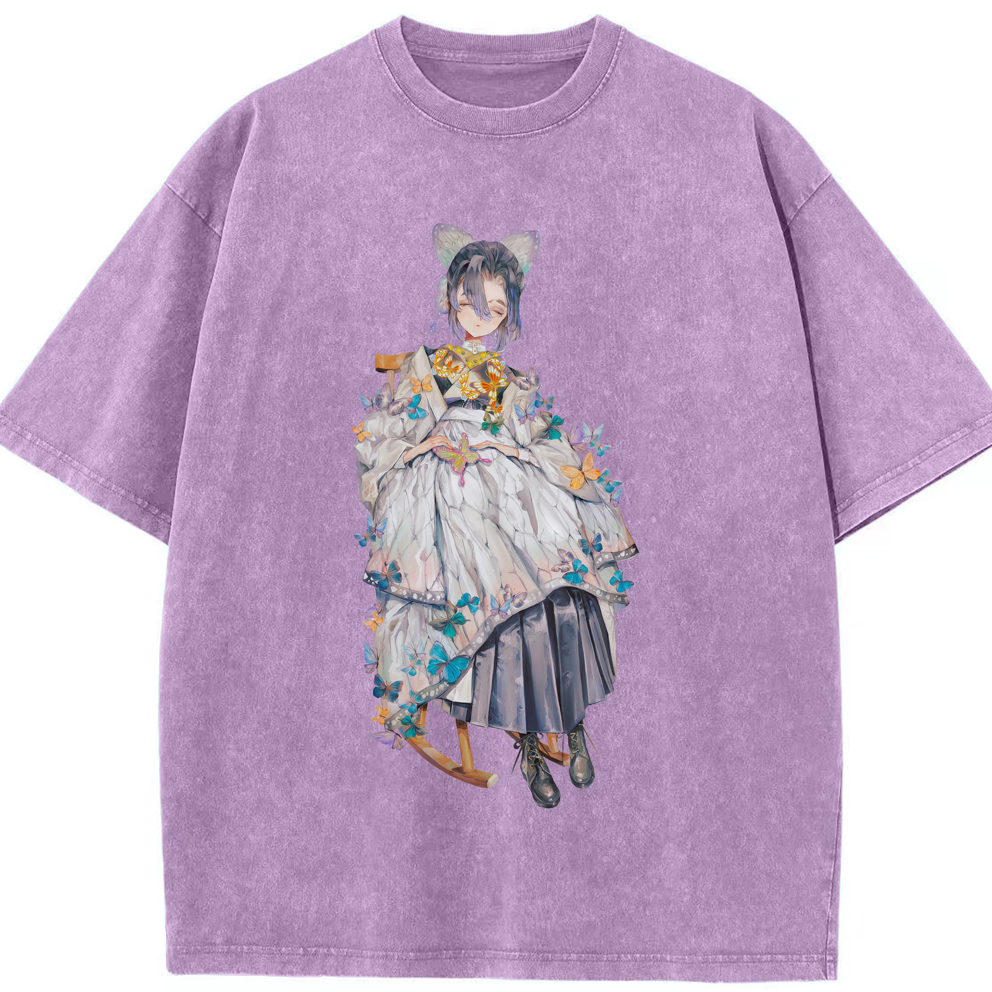 （画像用） 鬼滅の刃（きめつのやいば）蟲柱-胡蝶 しのぶ／こちょう しのぶ Kochou Shinobu 綿100% ヴィンテージ風 半袖Tシャツ（フロントプリント）