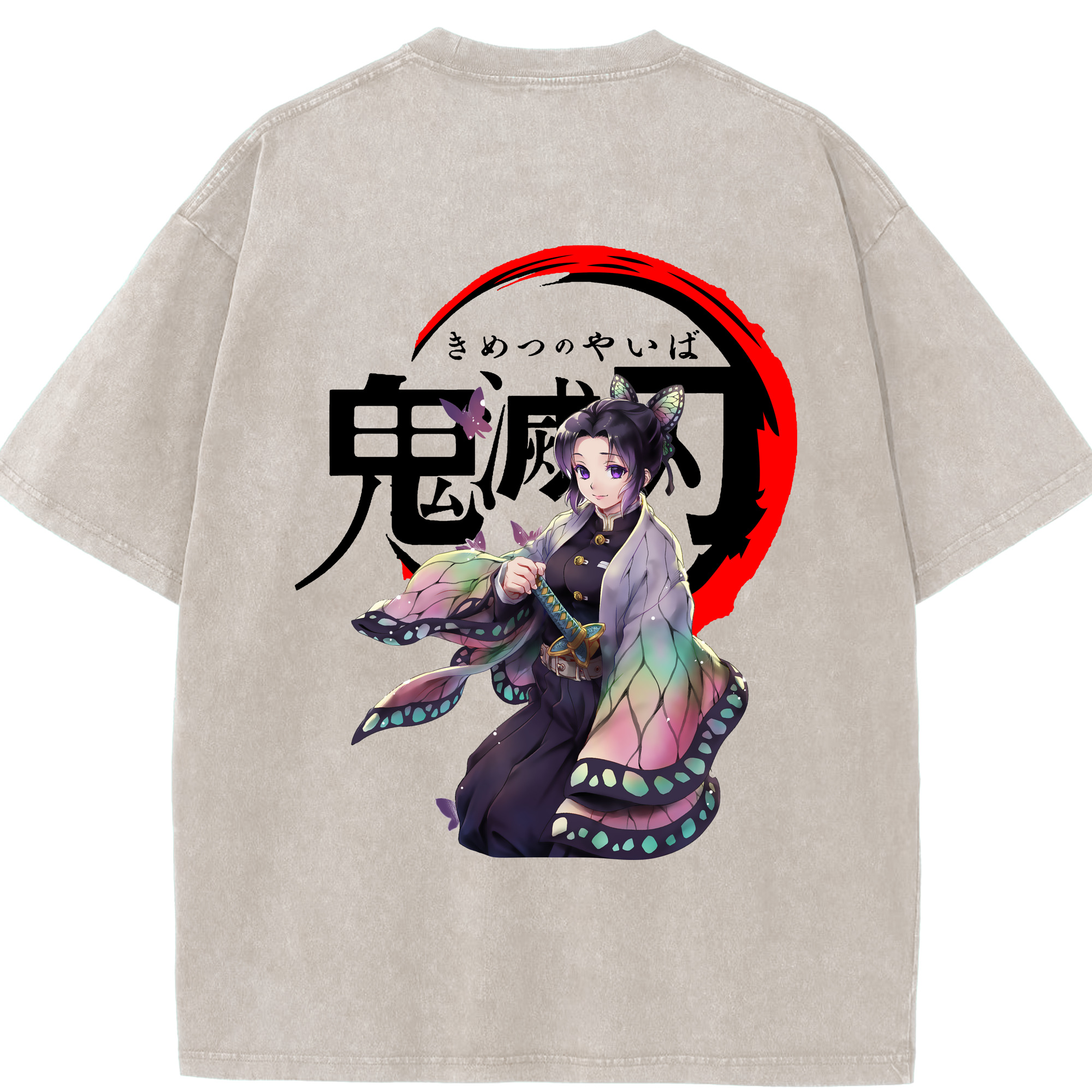 （画像用） 鬼滅の刃（きめつのやいば）蟲柱-胡蝶 しのぶ／こちょう しのぶ Kochou Shinobu 綿100% ヴィンテージ風 半袖Tシャツ（背面プリント）