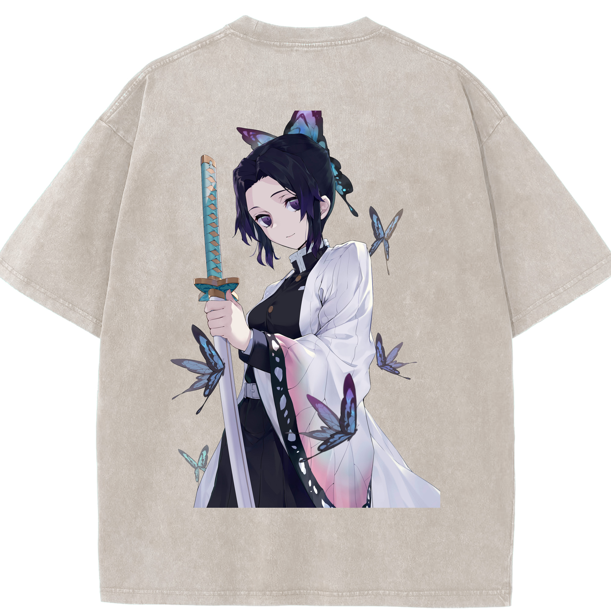 （画像用） 鬼滅の刃（きめつのやいば）蟲柱-胡蝶 しのぶ／こちょう しのぶ Kochou Shinobu 綿100% ヴィンテージ風 半袖Tシャツ（背面プリント）
