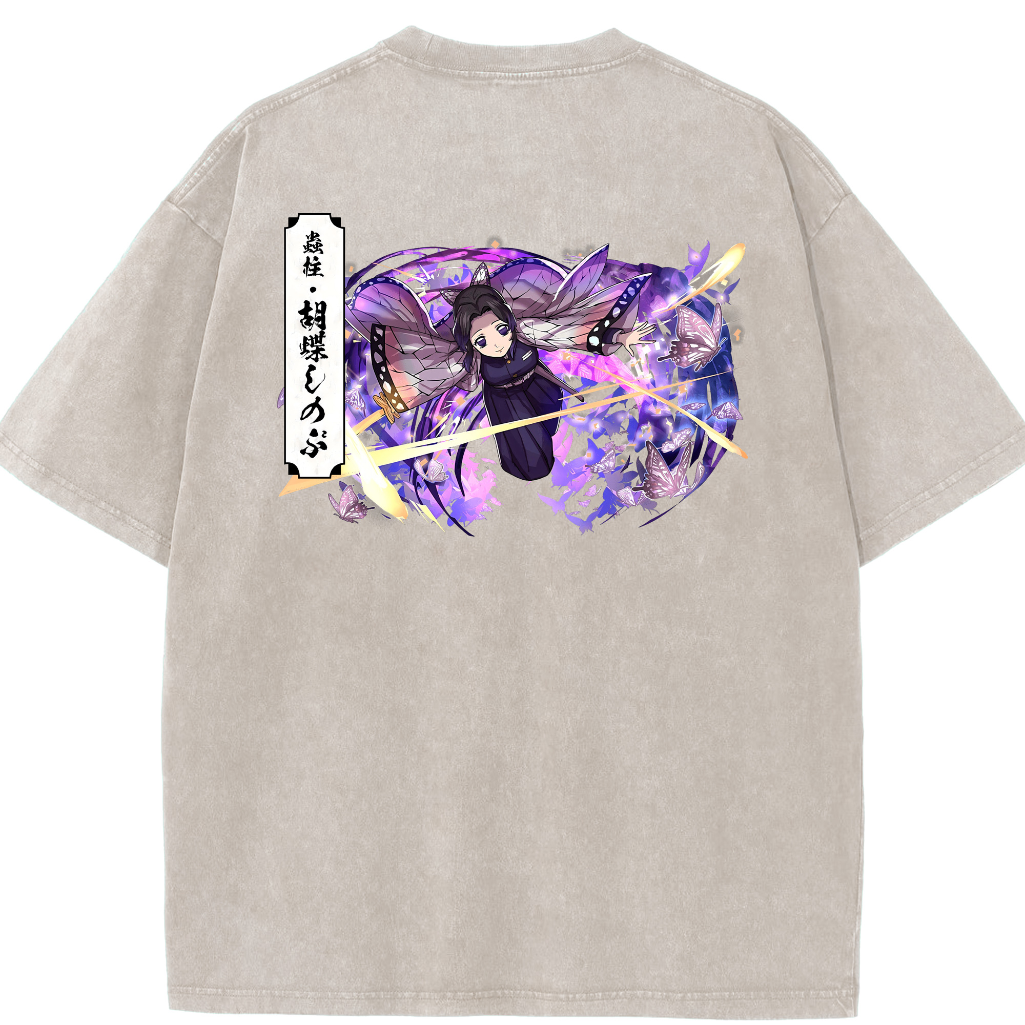 （画像用） 鬼滅の刃（きめつのやいば）蟲柱-胡蝶 しのぶ／こちょう しのぶ Kochou Shinobu 綿100% ヴィンテージ風 半袖Tシャツ（背面プリント）