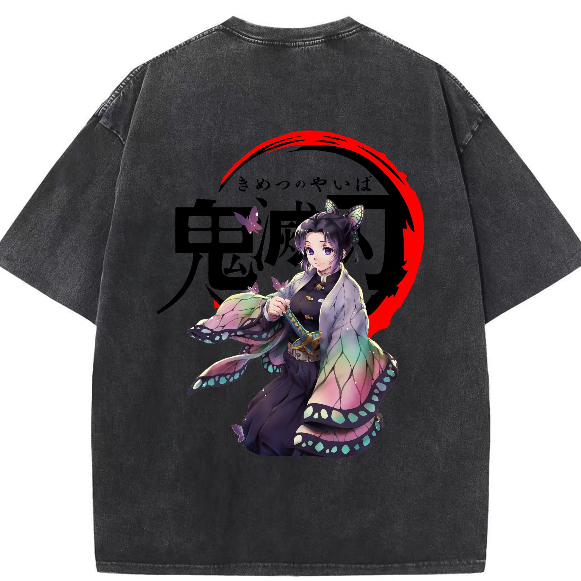 （画像用） 鬼滅の刃（きめつのやいば）蟲柱-胡蝶 しのぶ／こちょう しのぶ Kochou Shinobu 綿100% ヴィンテージ風 半袖Tシャツ（背面プリント）