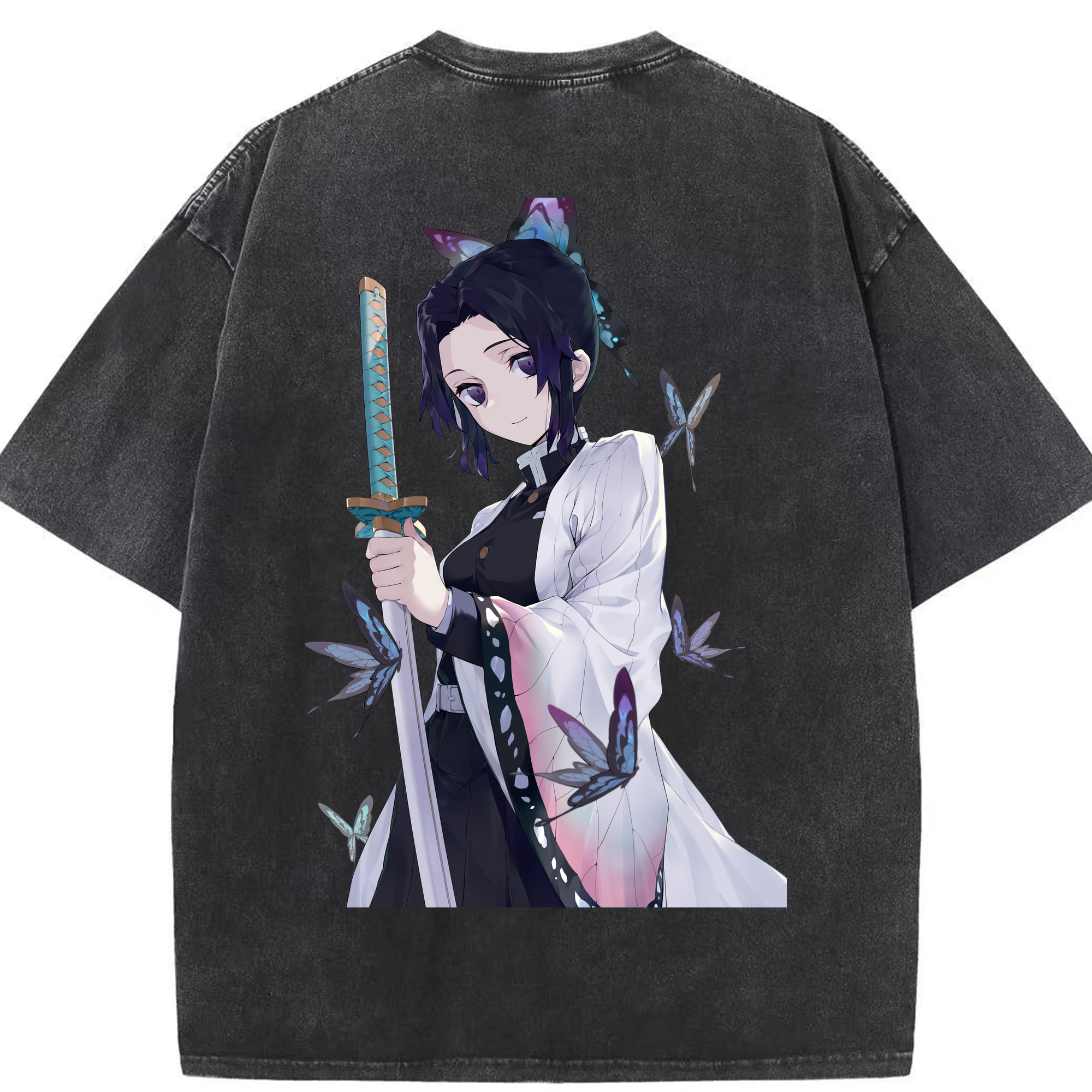 （画像用） 鬼滅の刃（きめつのやいば）蟲柱-胡蝶 しのぶ／こちょう しのぶ Kochou Shinobu 綿100% ヴィンテージ風 半袖Tシャツ（背面プリント）