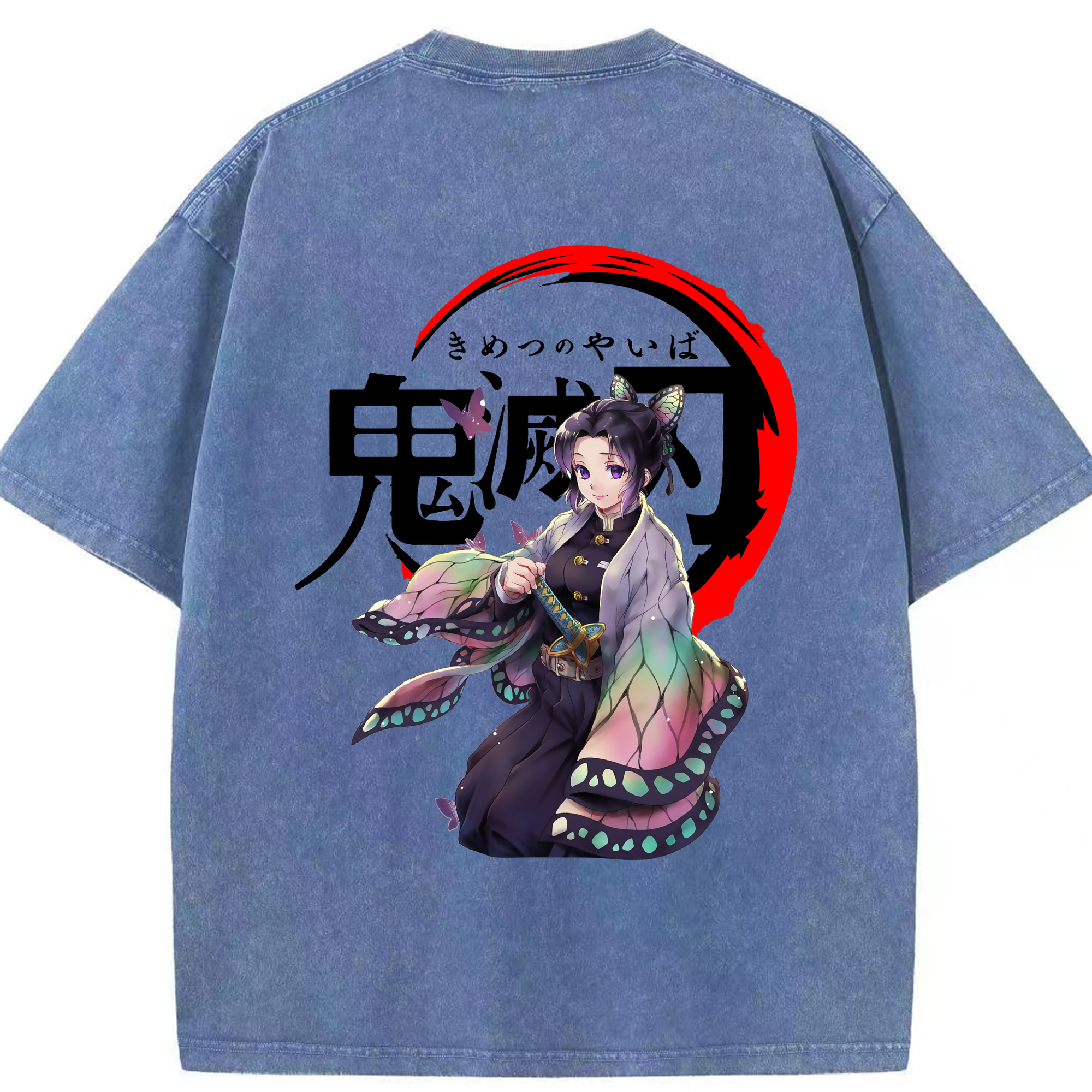 （画像用） 鬼滅の刃（きめつのやいば）蟲柱-胡蝶 しのぶ／こちょう しのぶ Kochou Shinobu 綿100% ヴィンテージ風 半袖Tシャツ（背面プリント）