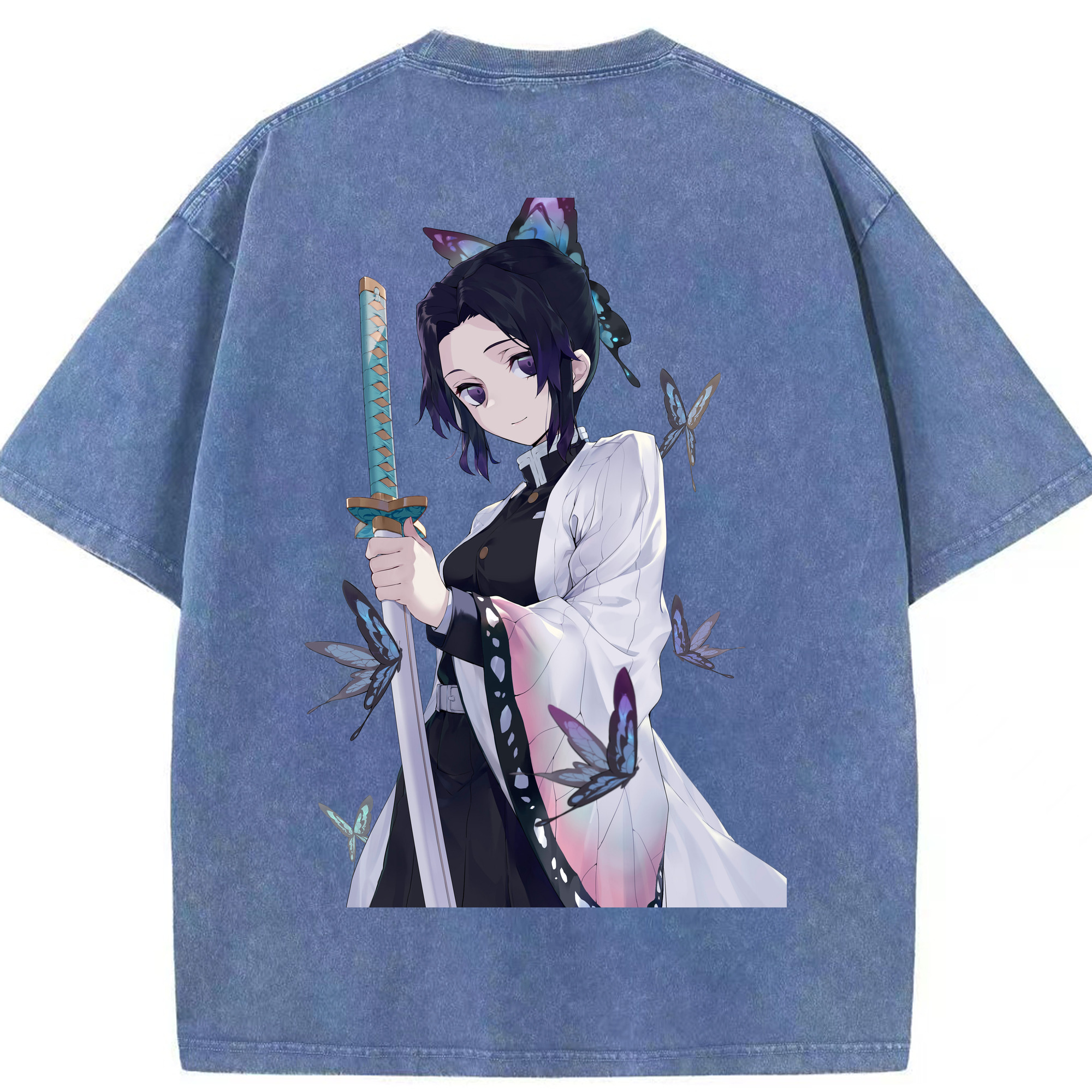 （画像用） 鬼滅の刃（きめつのやいば）蟲柱-胡蝶 しのぶ／こちょう しのぶ Kochou Shinobu 綿100% ヴィンテージ風 半袖Tシャツ（背面プリント）