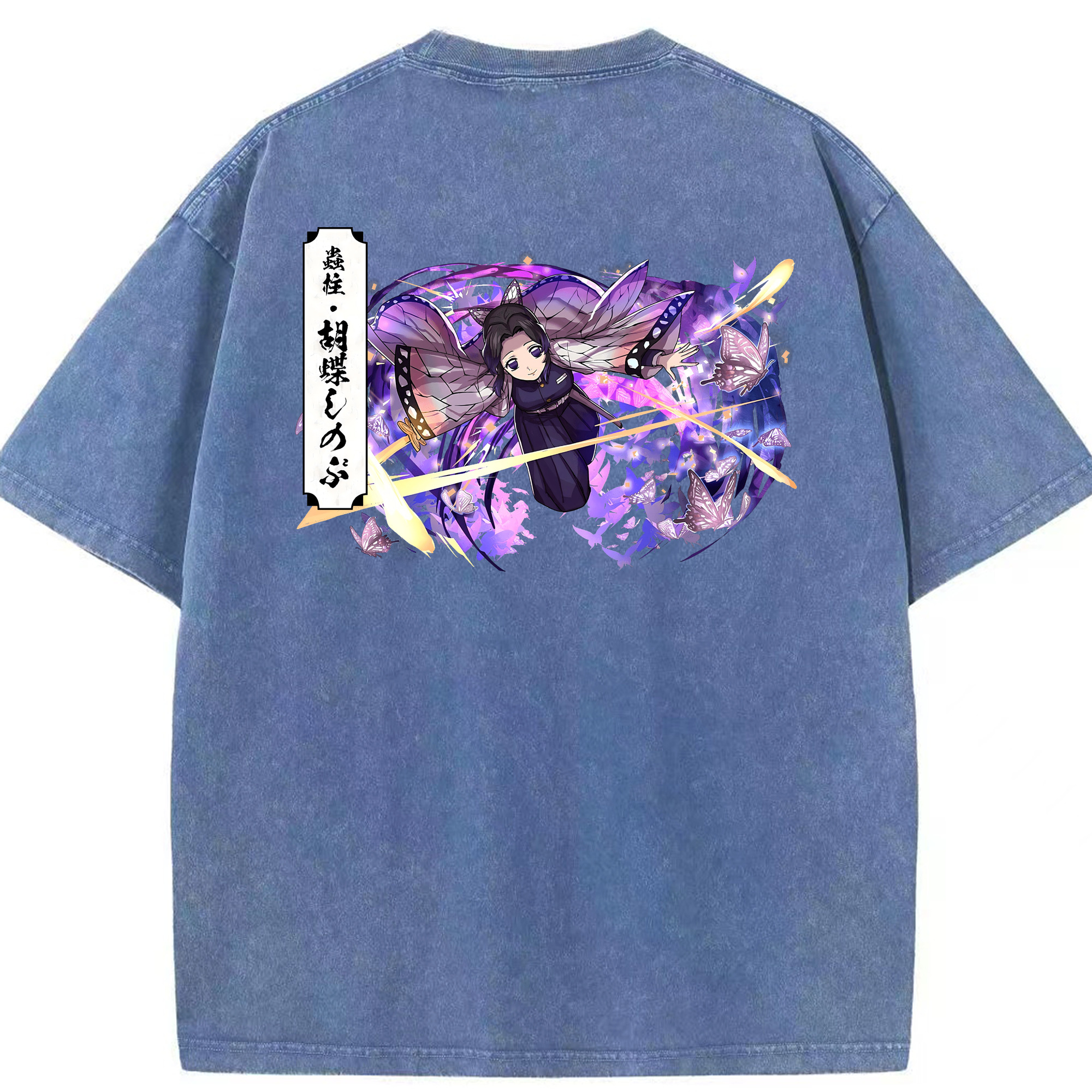 （画像用） 鬼滅の刃（きめつのやいば）蟲柱-胡蝶 しのぶ／こちょう しのぶ Kochou Shinobu 綿100% ヴィンテージ風 半袖Tシャツ（背面プリント）