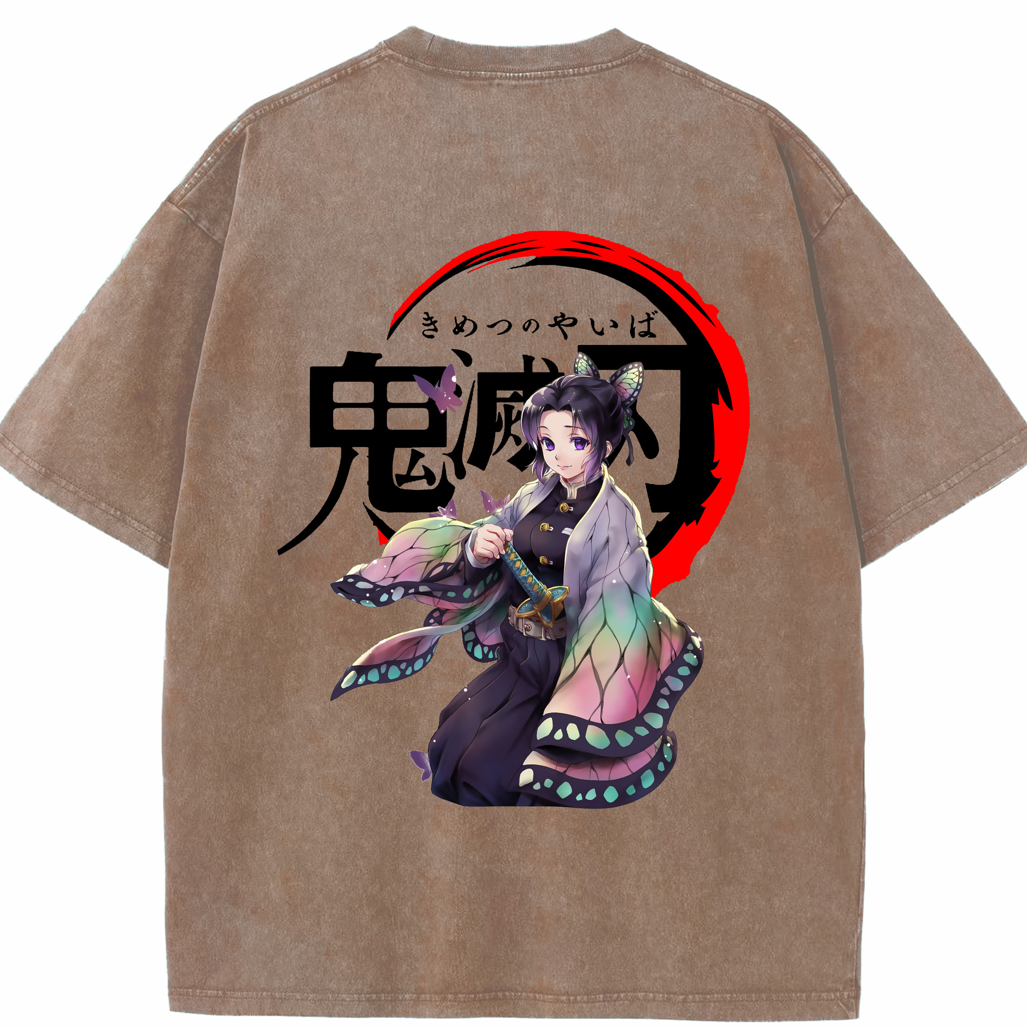 （画像用） 鬼滅の刃（きめつのやいば）蟲柱-胡蝶 しのぶ／こちょう しのぶ Kochou Shinobu 綿100% ヴィンテージ風 半袖Tシャツ（背面プリント）