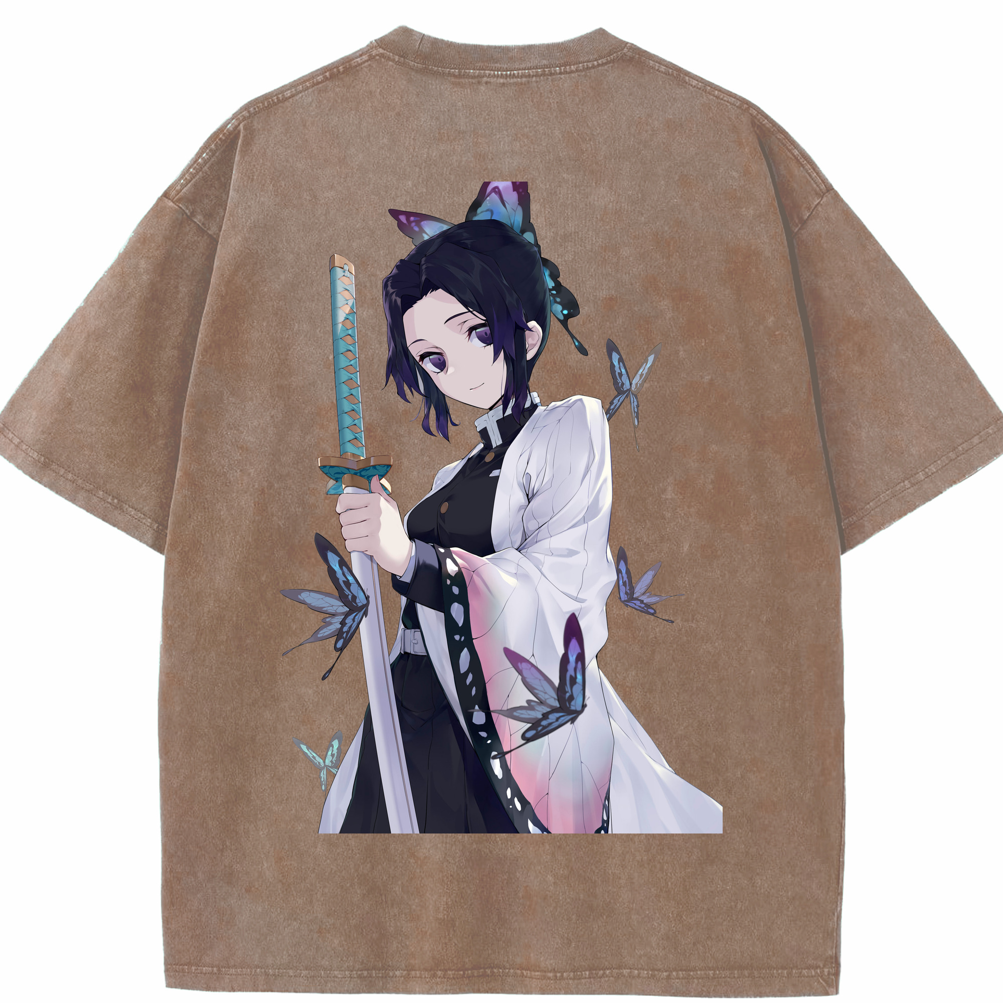 （画像用） 鬼滅の刃（きめつのやいば）蟲柱-胡蝶 しのぶ／こちょう しのぶ Kochou Shinobu 綿100% ヴィンテージ風 半袖Tシャツ（背面プリント）