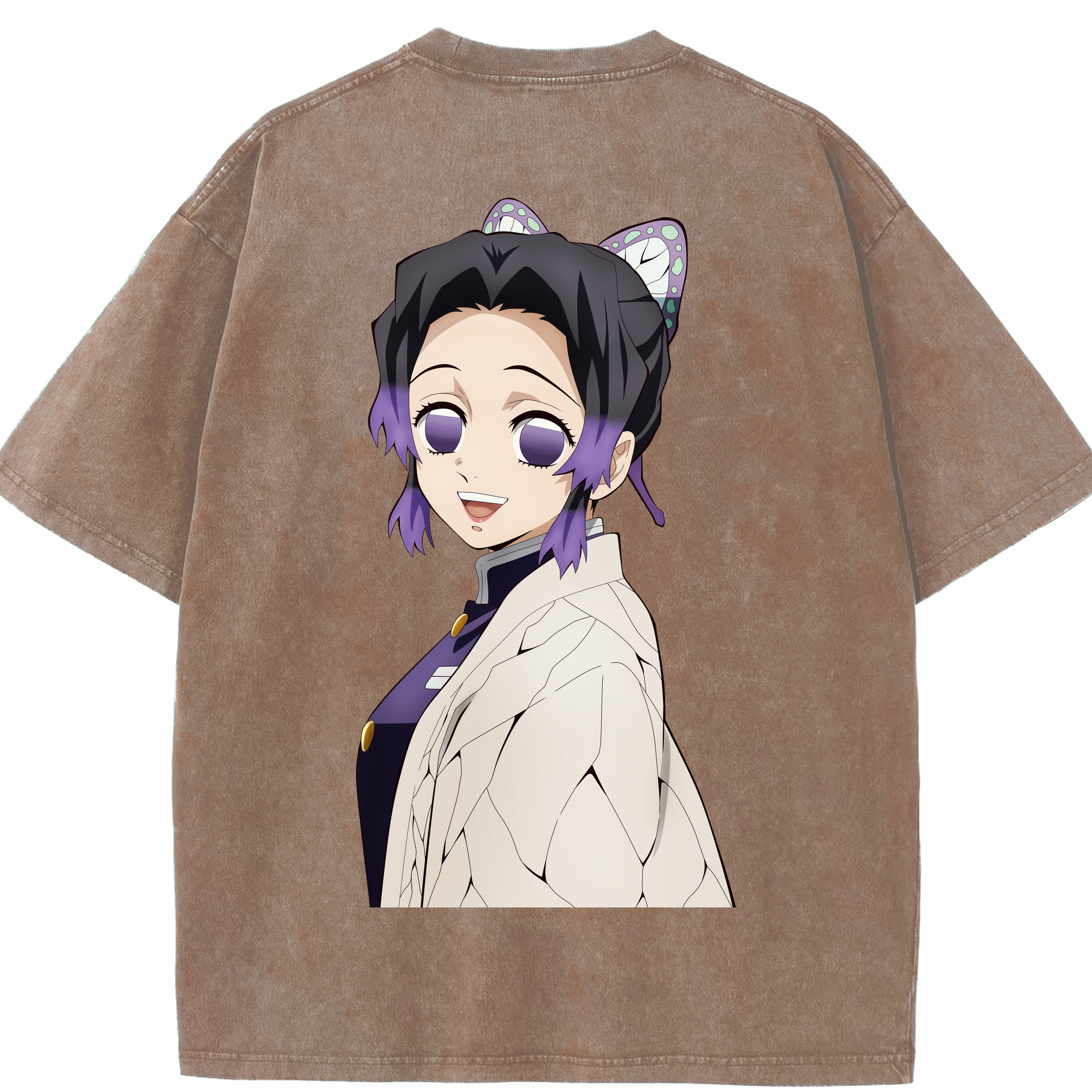 （画像用） 鬼滅の刃（きめつのやいば）蟲柱-胡蝶 しのぶ／こちょう しのぶ Kochou Shinobu 綿100% ヴィンテージ風 半袖Tシャツ（背面プリント）
