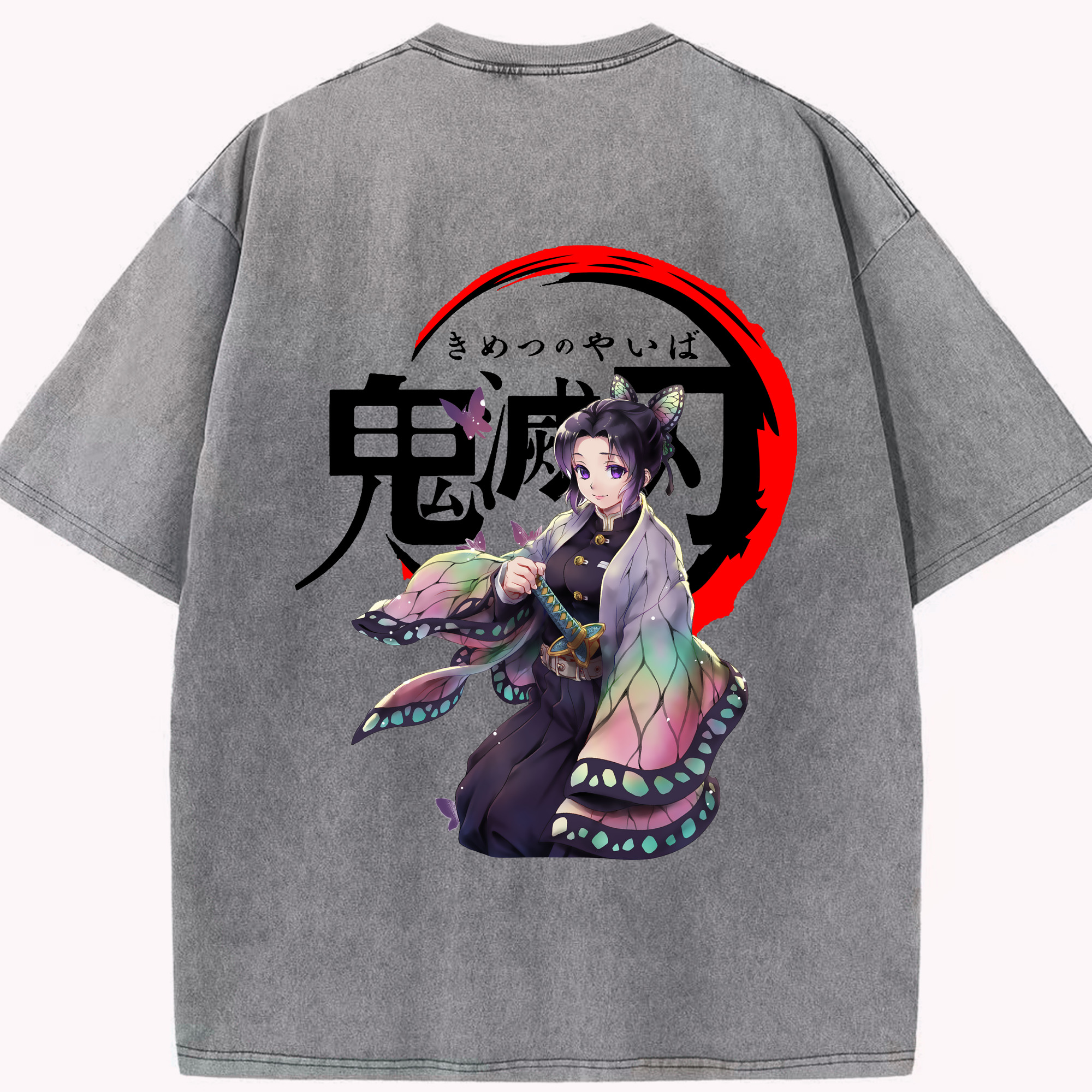 （画像用） 鬼滅の刃（きめつのやいば）蟲柱-胡蝶 しのぶ／こちょう しのぶ Kochou Shinobu 綿100% ヴィンテージ風 半袖Tシャツ（背面プリント）