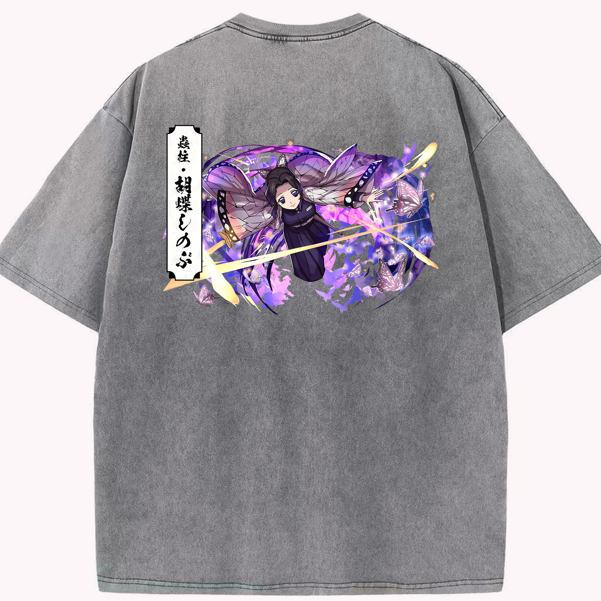 （画像用） 鬼滅の刃（きめつのやいば）蟲柱-胡蝶 しのぶ／こちょう しのぶ Kochou Shinobu 綿100% ヴィンテージ風 半袖Tシャツ（背面プリント）