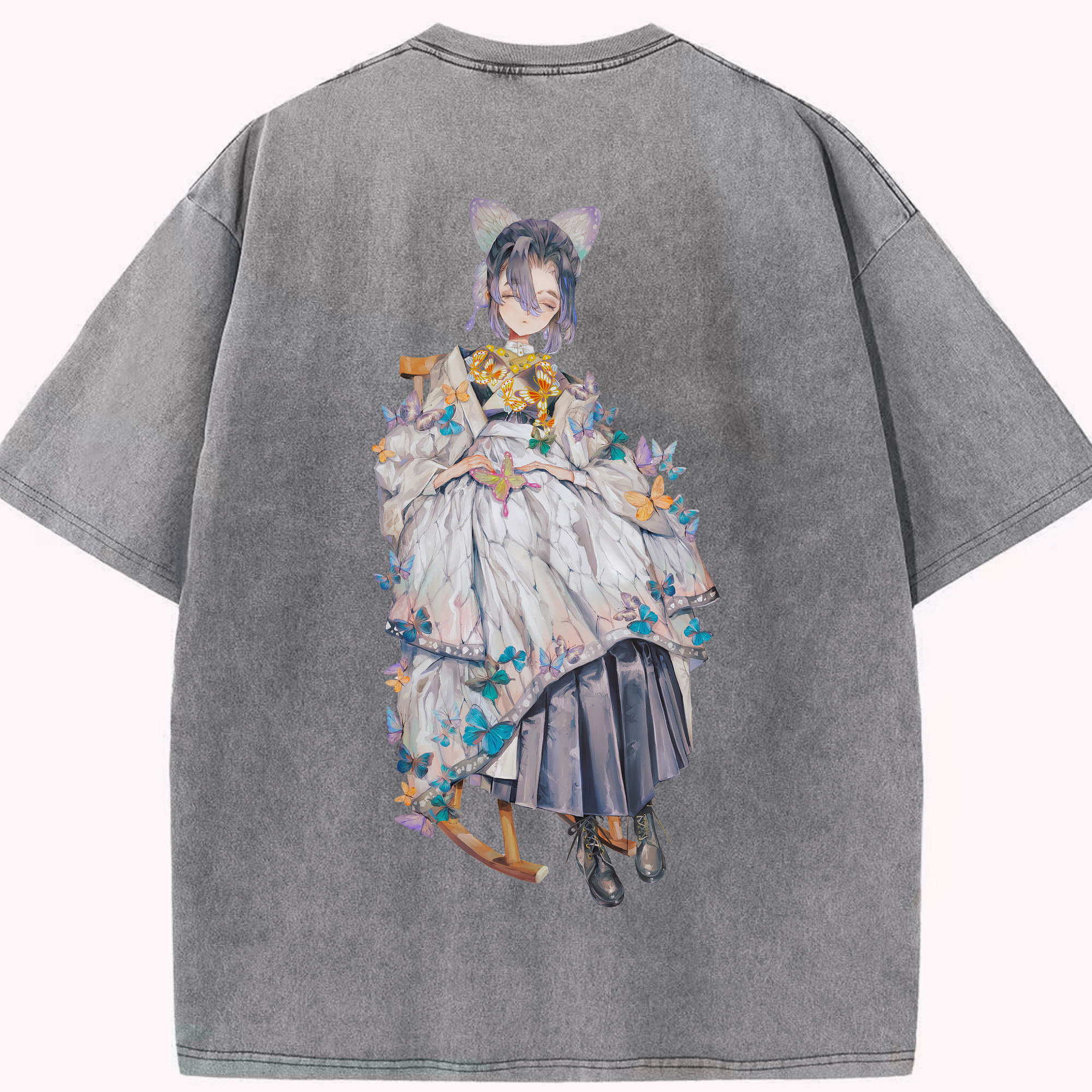 （画像用） 鬼滅の刃（きめつのやいば）蟲柱-胡蝶 しのぶ／こちょう しのぶ Kochou Shinobu 綿100% ヴィンテージ風 半袖Tシャツ（背面プリント）