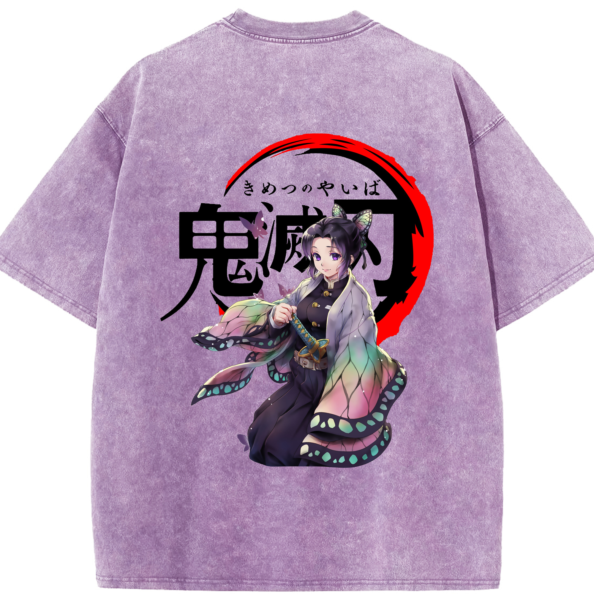 （画像用） 鬼滅の刃（きめつのやいば）蟲柱-胡蝶 しのぶ／こちょう しのぶ Kochou Shinobu 綿100% ヴィンテージ風 半袖Tシャツ（背面プリント）