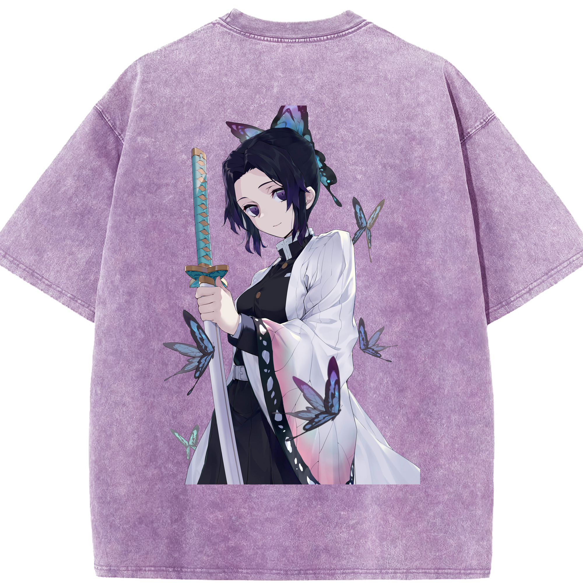 （画像用） 鬼滅の刃（きめつのやいば）蟲柱-胡蝶 しのぶ／こちょう しのぶ Kochou Shinobu 綿100% ヴィンテージ風 半袖Tシャツ（背面プリント）