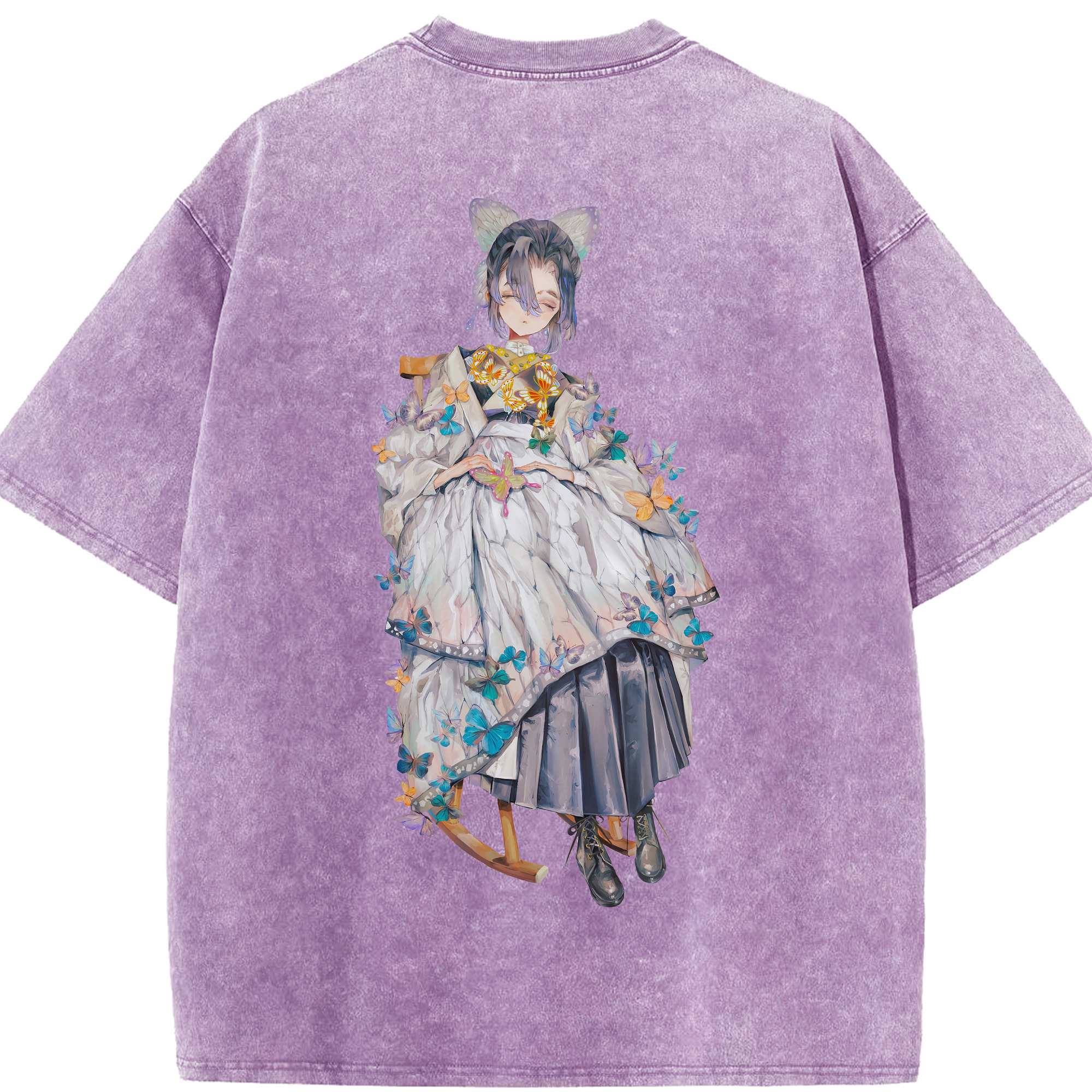 （画像用） 鬼滅の刃（きめつのやいば）蟲柱-胡蝶 しのぶ／こちょう しのぶ Kochou Shinobu 綿100% ヴィンテージ風 半袖Tシャツ（背面プリント）