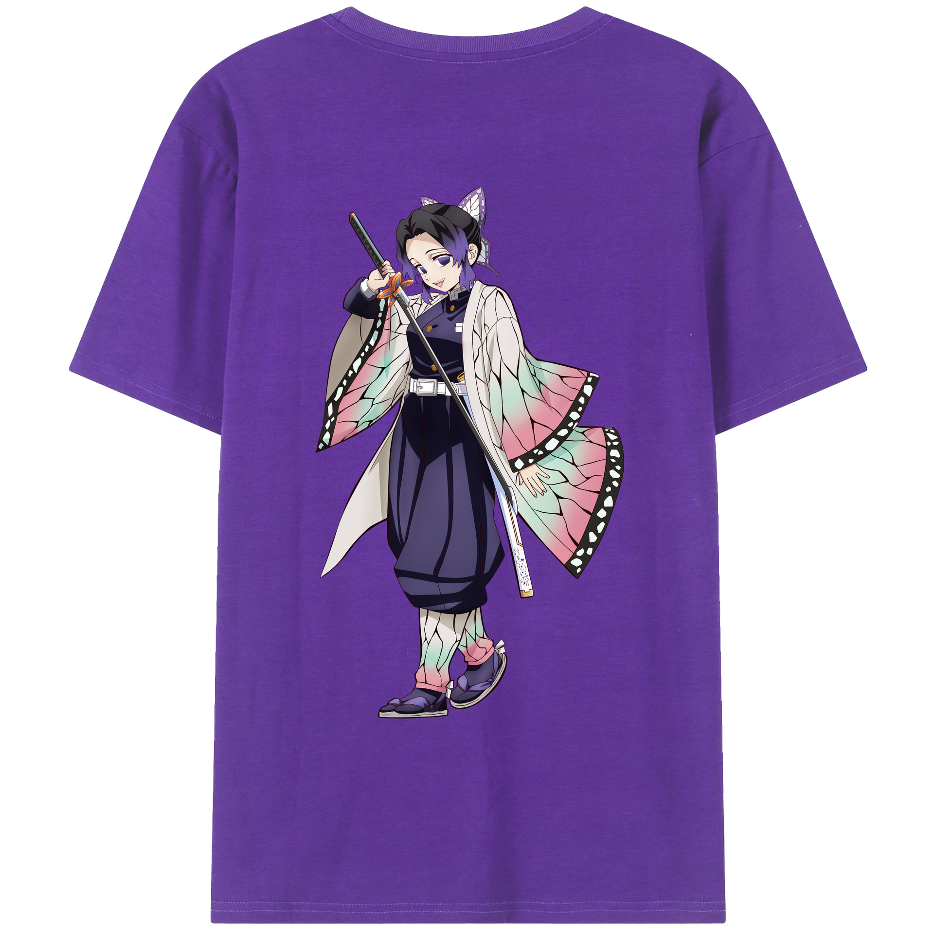 （画像用） 鬼滅の刃（きめつのやいば）蟲柱-胡蝶 しのぶ／こちょう しのぶ Kochou Shinobu 綿100％ メンズ半袖Tシャツ（バックプリント） 通気性