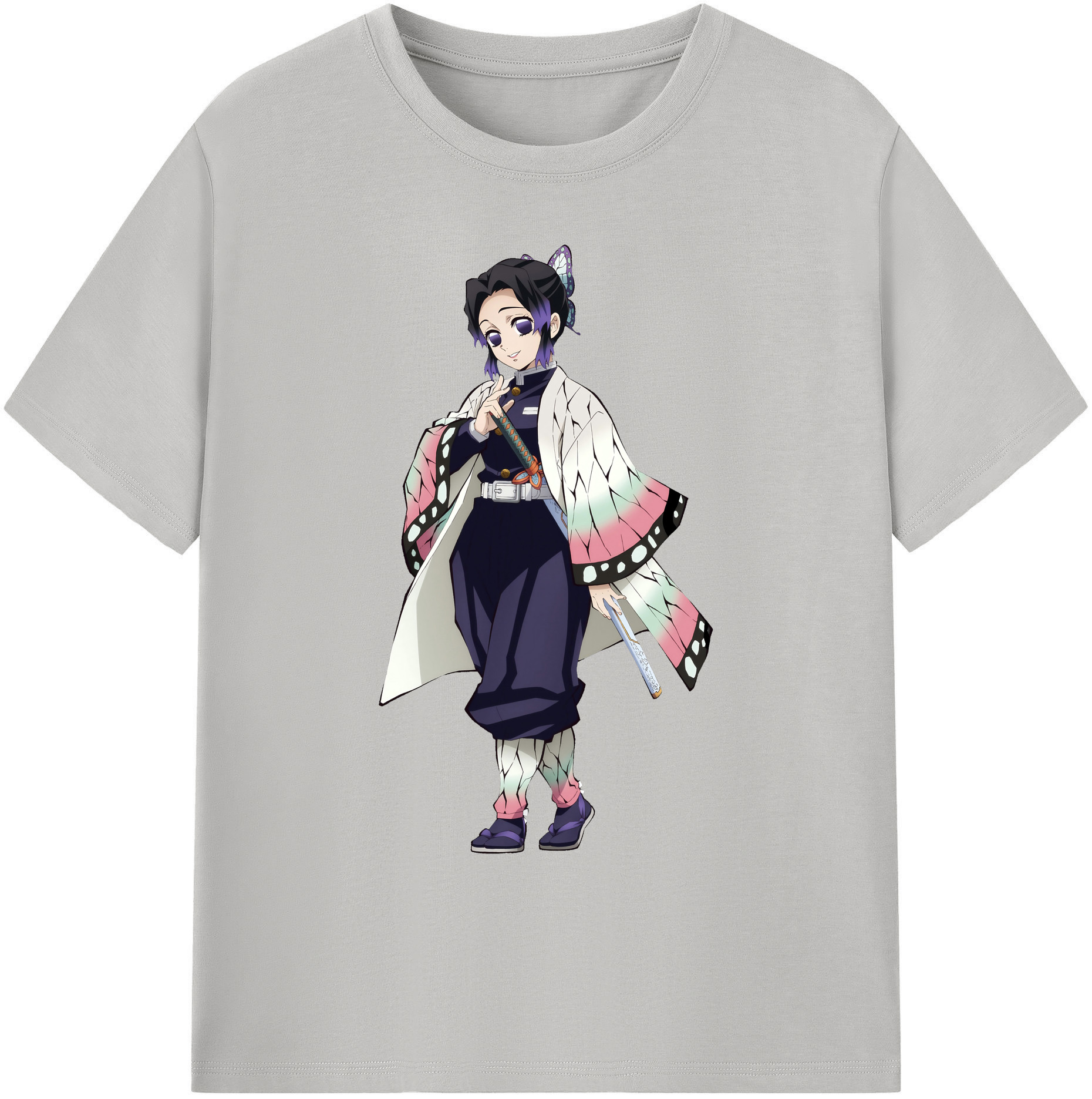 （画像用） 鬼滅の刃（きめつのやいば）蟲柱-胡蝶 しのぶ／こちょう しのぶ Kochou Shinobu 綿100％ メンズ半袖Tシャツ｜肌触りやわらか＆通気性