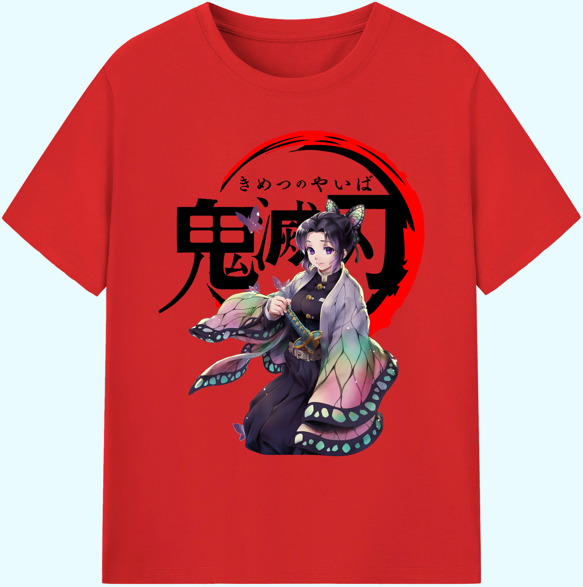 （画像用） 鬼滅の刃（きめつのやいば）蟲柱-胡蝶 しのぶ／こちょう しのぶ Kochou Shinobu 綿100％ メンズ半袖Tシャツ｜肌触りやわらか＆通気性