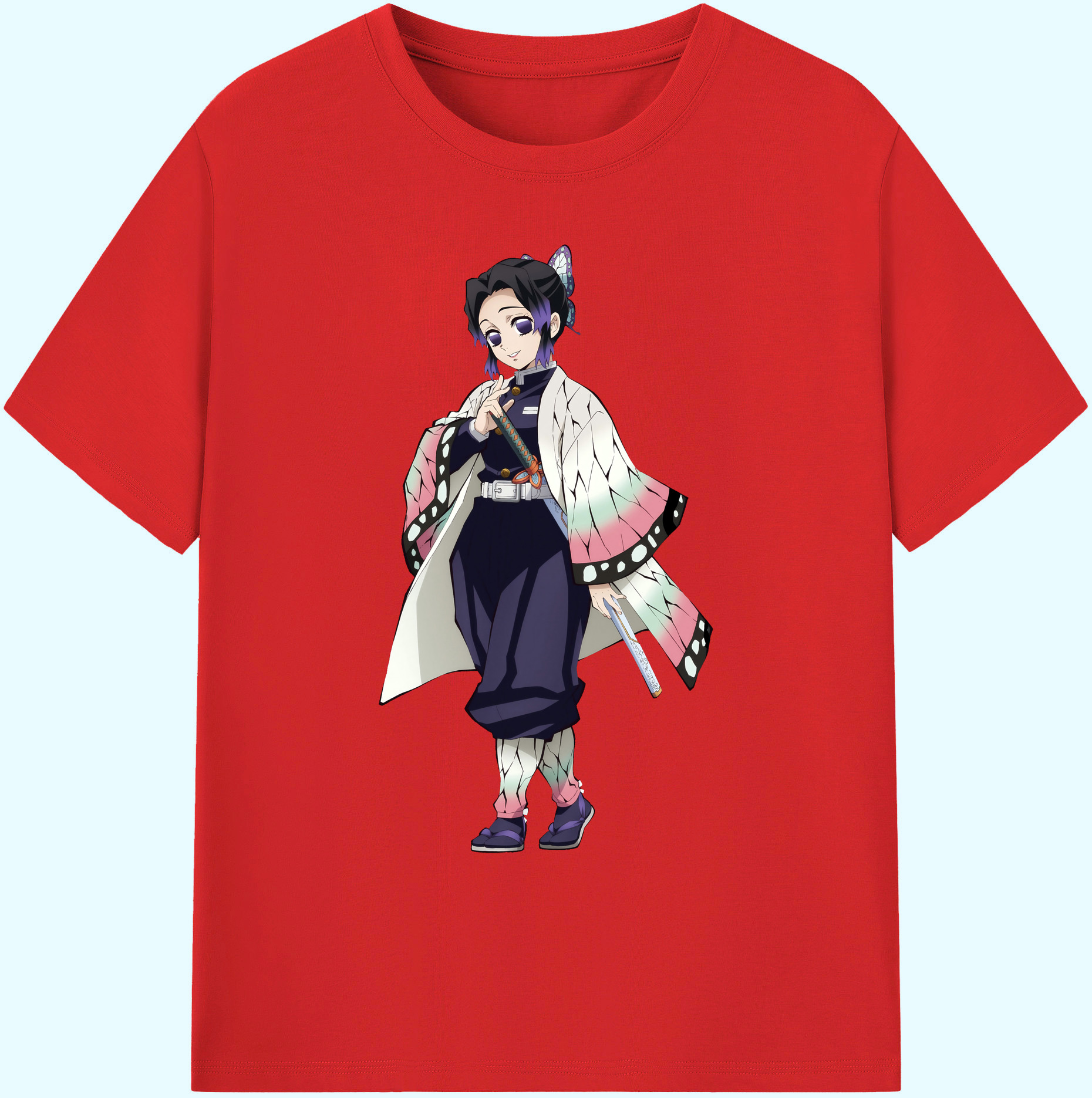 （画像用） 鬼滅の刃（きめつのやいば）蟲柱-胡蝶 しのぶ／こちょう しのぶ Kochou Shinobu 綿100％ メンズ半袖Tシャツ｜肌触りやわらか＆通気性