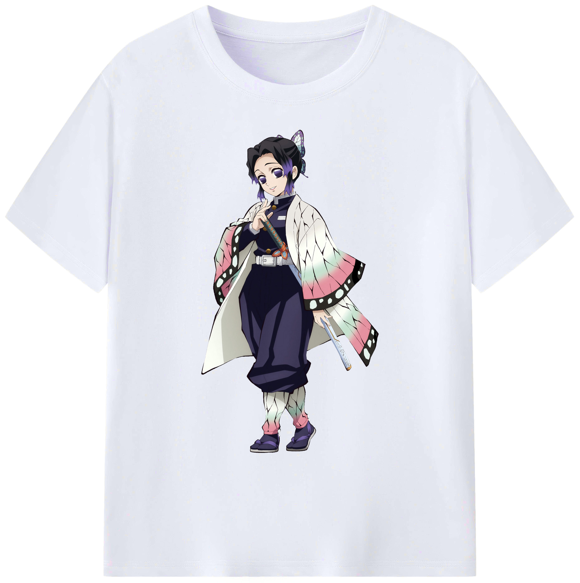 （画像用） 鬼滅の刃（きめつのやいば）蟲柱-胡蝶 しのぶ／こちょう しのぶ Kochou Shinobu 綿100％ メンズ半袖Tシャツ｜肌触りやわらか＆通気性
