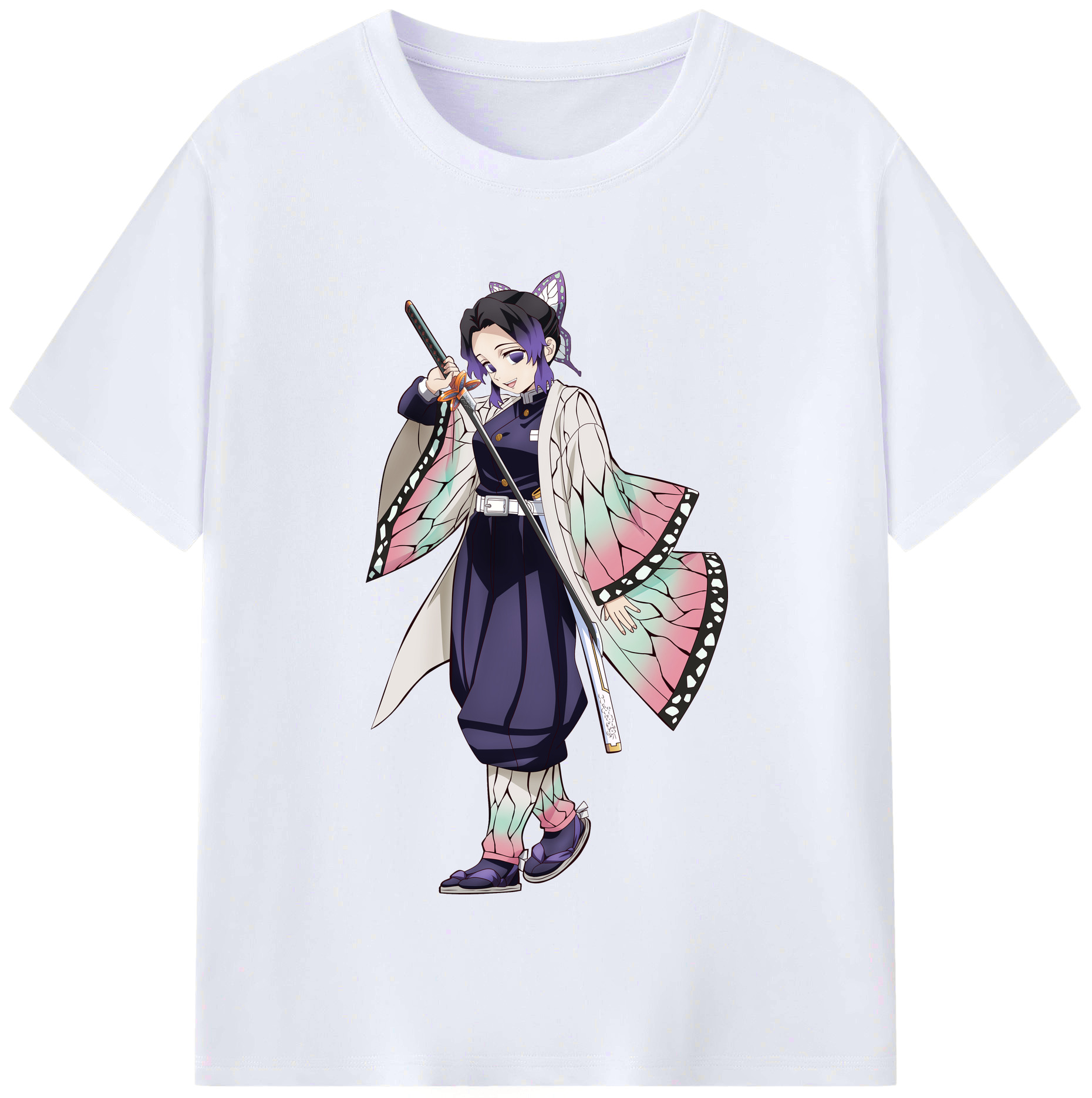 （画像用） 鬼滅の刃（きめつのやいば）蟲柱-胡蝶 しのぶ／こちょう しのぶ Kochou Shinobu レディースカジュアルプリントTシャツ（綿100％）