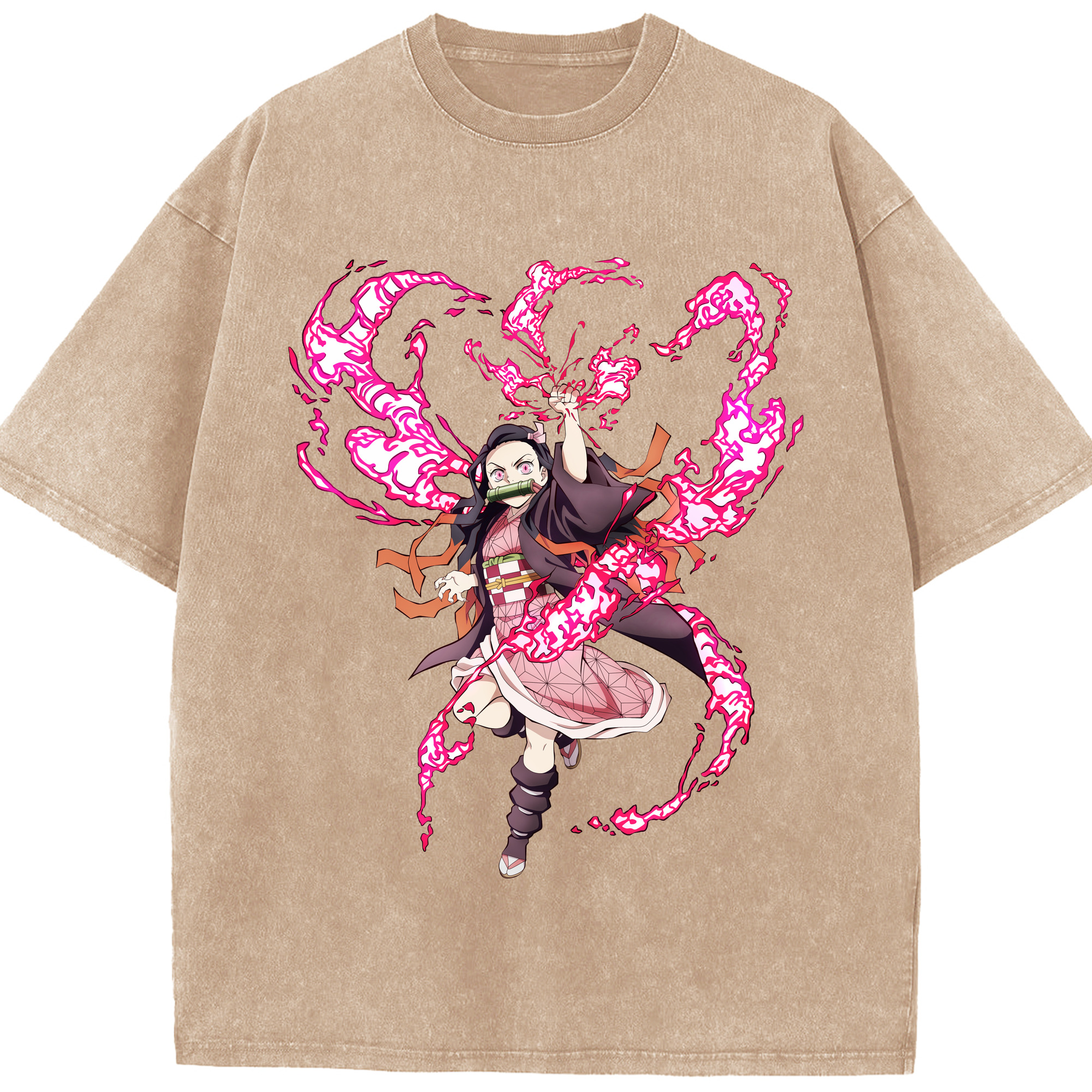 （画像用） 鬼滅の刃（きめつのやいば）竈門 禰󠄀豆子／かまど ねずこ Kamado Nezuko 綿100% ヴィンテージ風 半袖Tシャツ（フロントプリント）