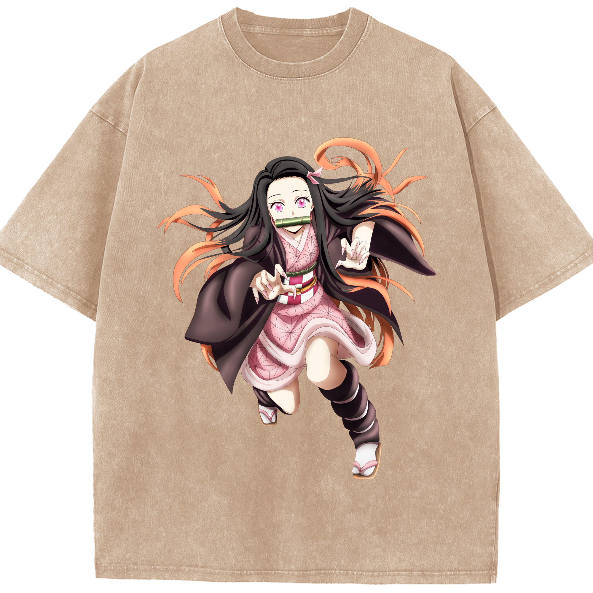 （画像用） 鬼滅の刃（きめつのやいば）竈門 禰󠄀豆子／かまど ねずこ Kamado Nezuko 綿100% ヴィンテージ風 半袖Tシャツ（フロントプリント）
