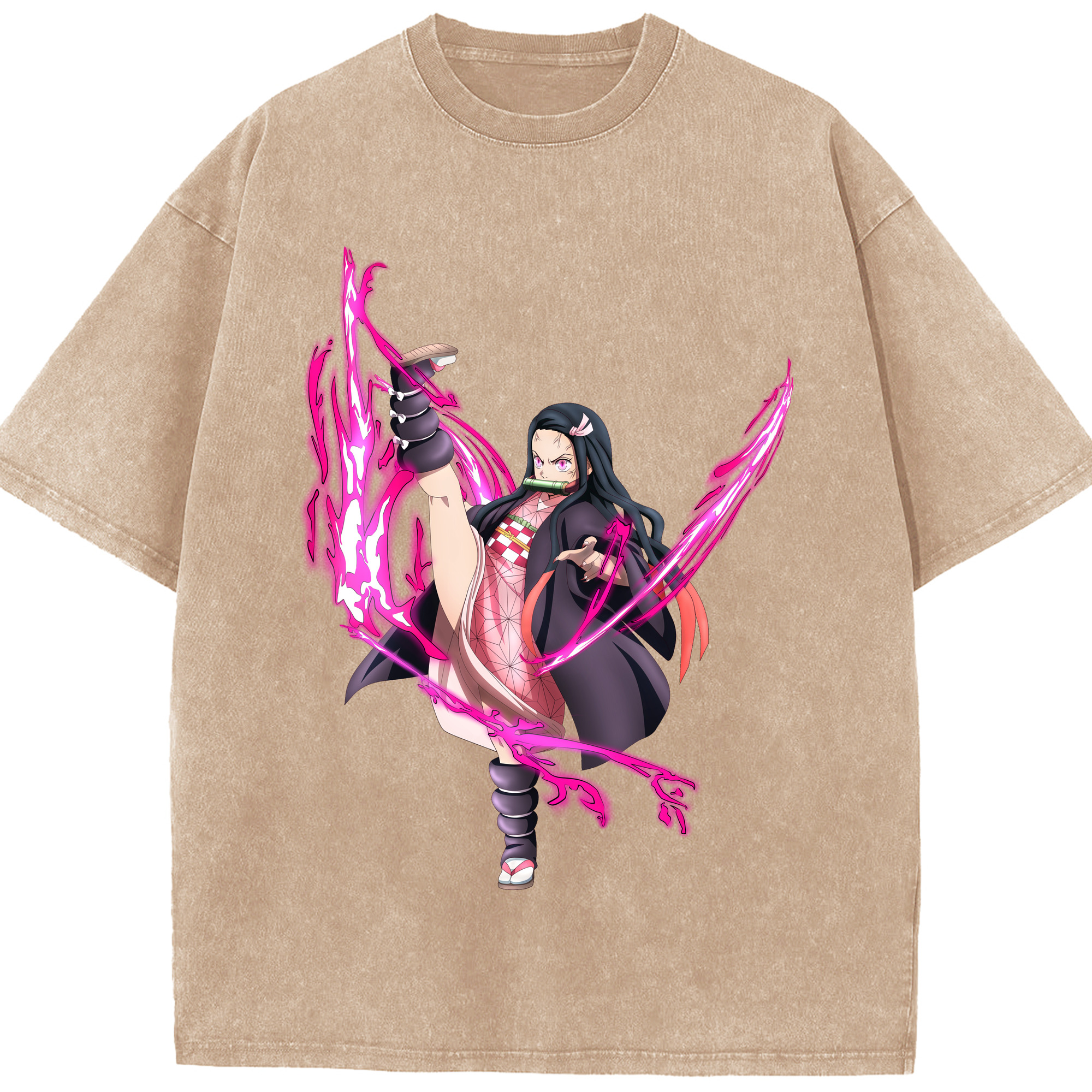 （画像用） 鬼滅の刃（きめつのやいば）竈門 禰󠄀豆子／かまど ねずこ Kamado Nezuko 綿100% ヴィンテージ風 半袖Tシャツ（フロントプリント）