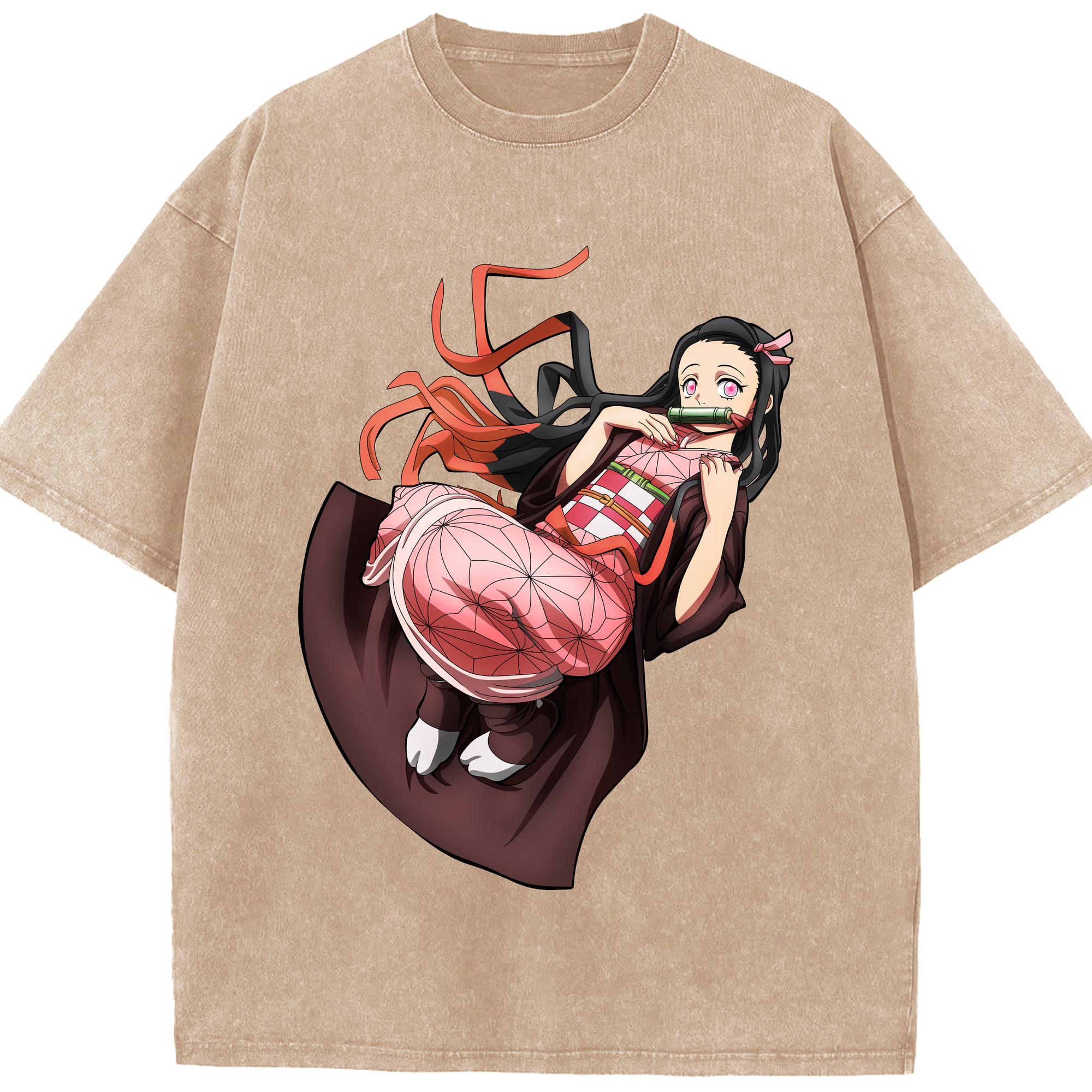 （画像用） 鬼滅の刃（きめつのやいば）竈門 禰󠄀豆子／かまど ねずこ Kamado Nezuko 綿100% ヴィンテージ風 半袖Tシャツ（フロントプリント）