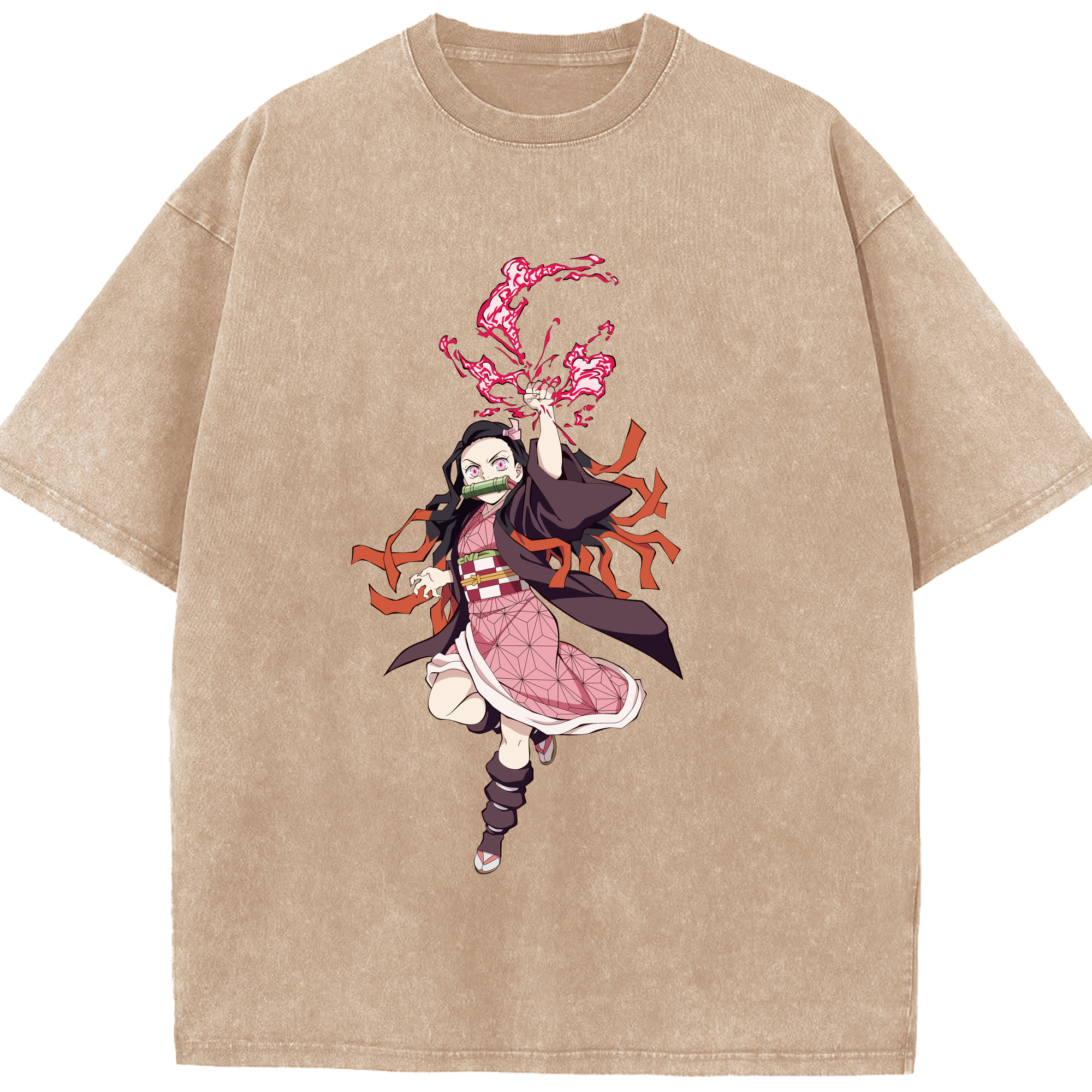 （画像用） 鬼滅の刃（きめつのやいば）竈門 禰󠄀豆子／かまど ねずこ Kamado Nezuko 綿100% ヴィンテージ風 半袖Tシャツ（フロントプリント）