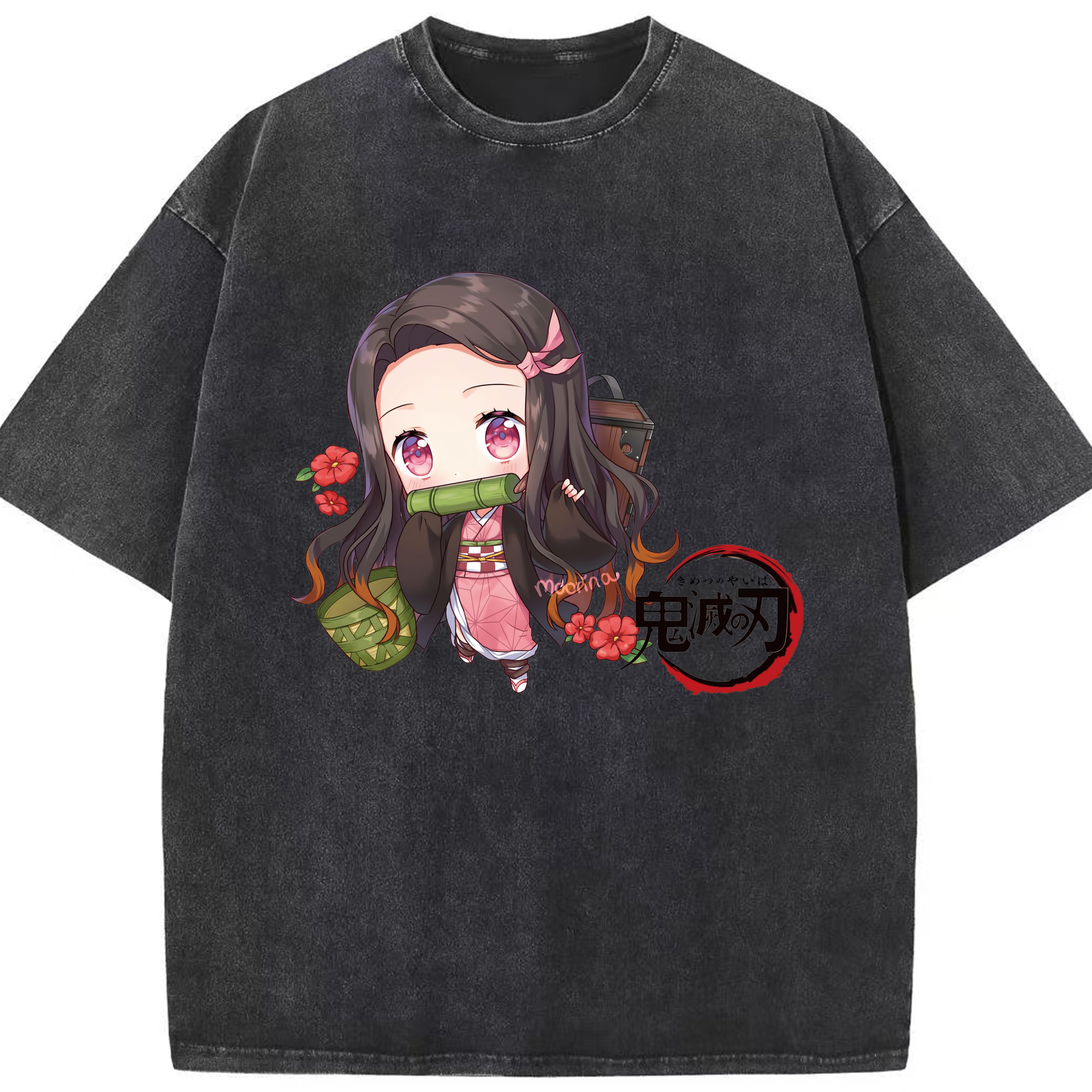 （画像用） 鬼滅の刃（きめつのやいば）竈門 禰󠄀豆子／かまど ねずこ Kamado Nezuko 綿100% ヴィンテージ風 半袖Tシャツ（フロントプリント）