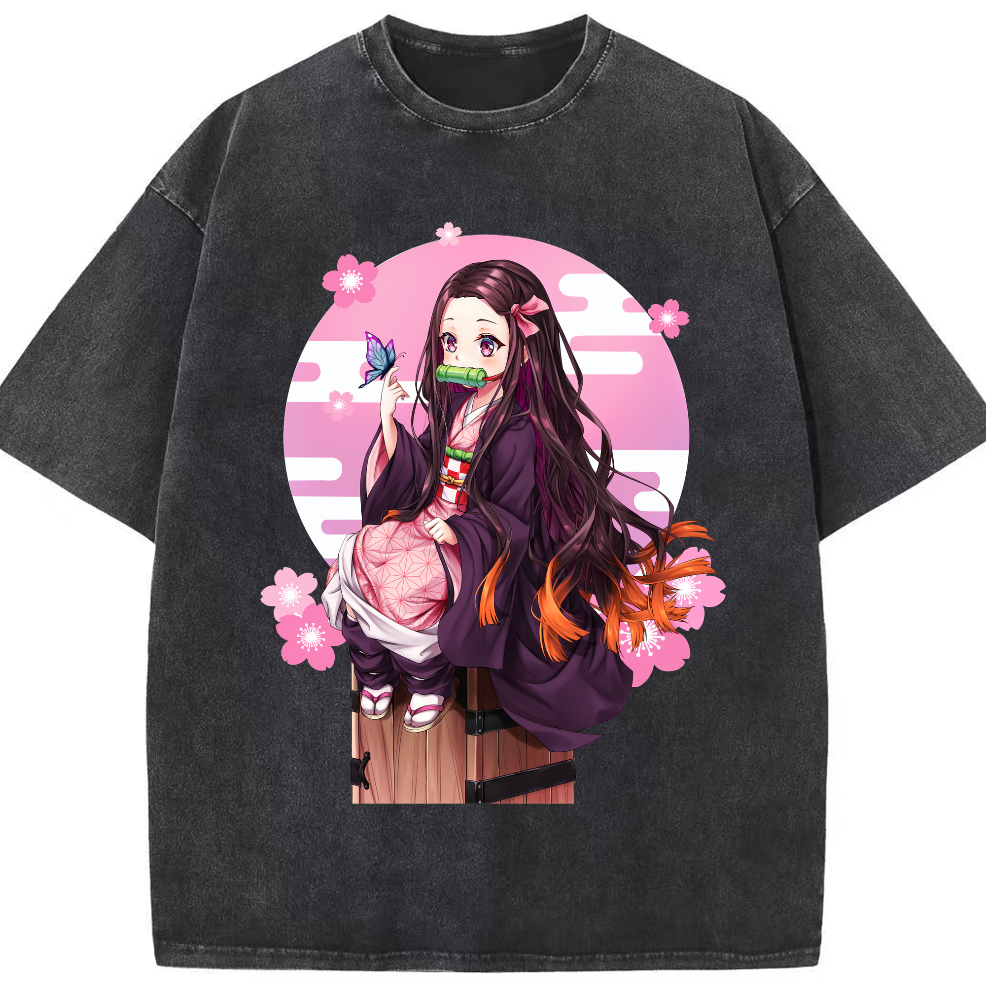 （画像用） 鬼滅の刃（きめつのやいば）竈門 禰󠄀豆子／かまど ねずこ Kamado Nezuko 綿100% ヴィンテージ風 半袖Tシャツ（フロントプリント）